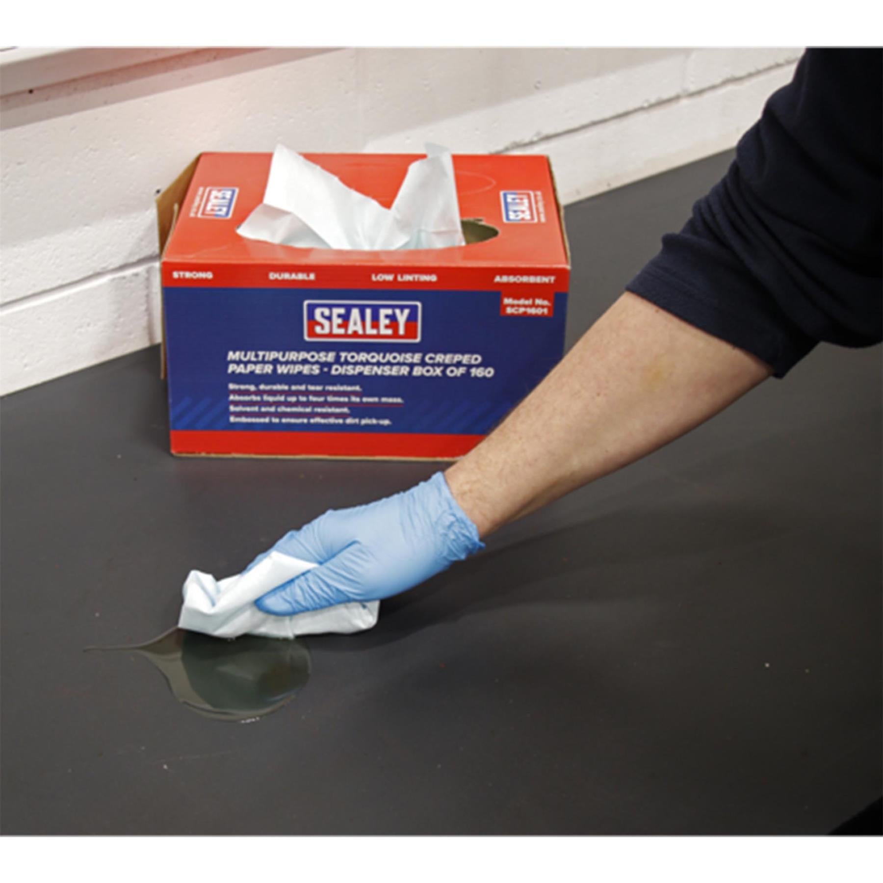 Sealey Multipurpose Paper Wipes in Dispenser Box - Creped Turquoise 160 Sheets