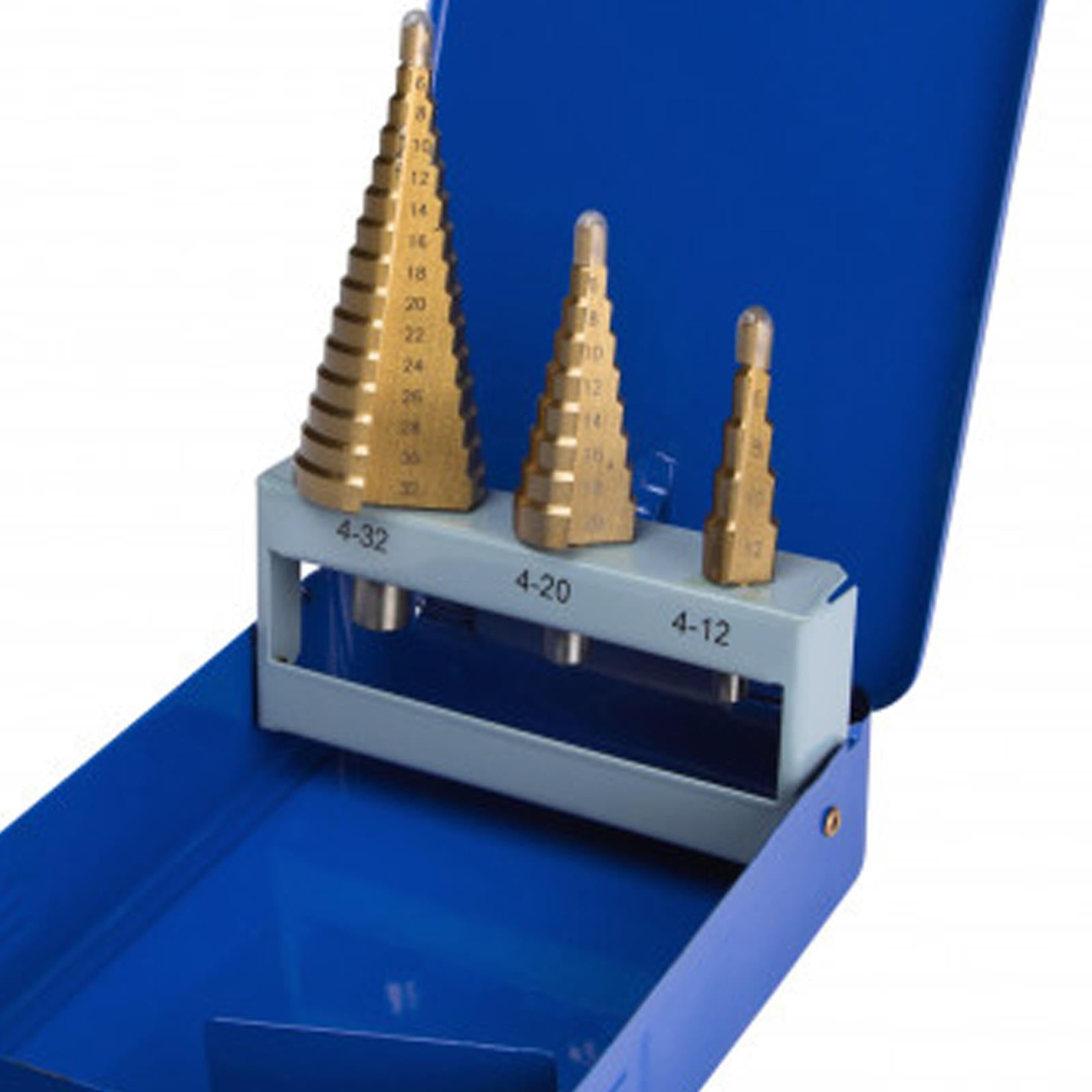 Heavy Duty 3 Piece Titanium Coated HSS Step Drill Bit Set 4-32mm For Woods