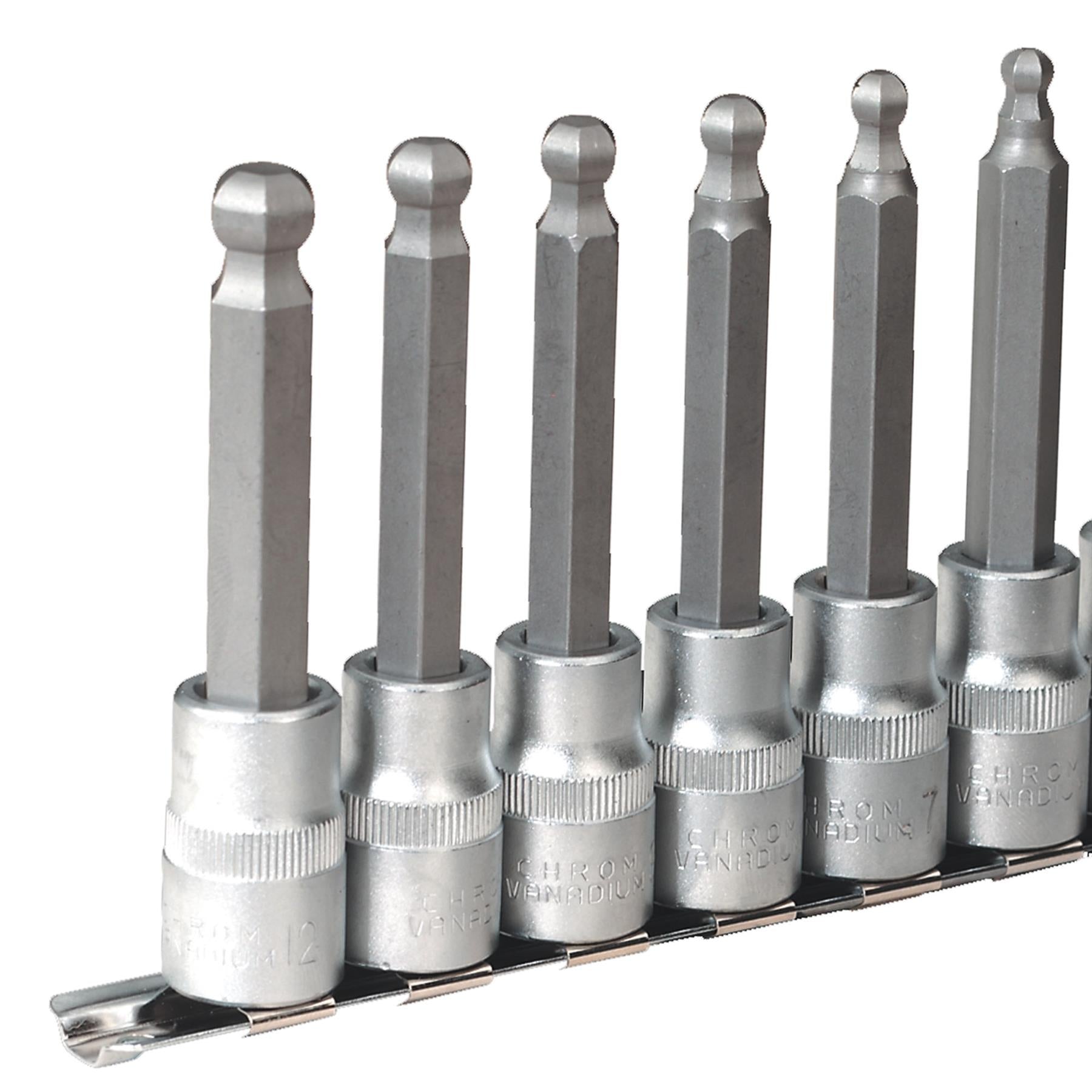Sealey Ball-End HexSocket Bit Set 7pc 100mm 1/2"Sq Drive Metric