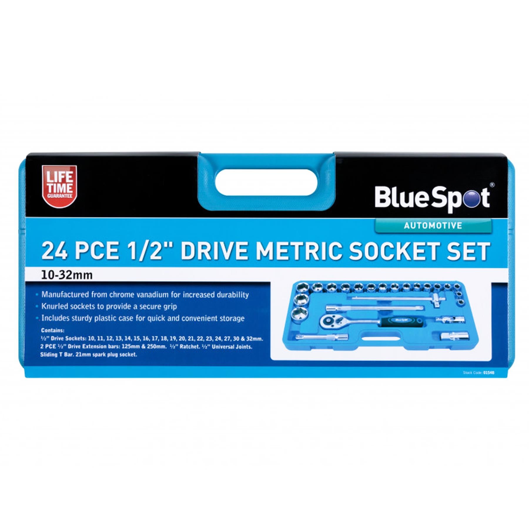Bluespot 24 Pc Metric Socket Set Ratchet Extention Bar 1/2" Drive 10mm to 32mm