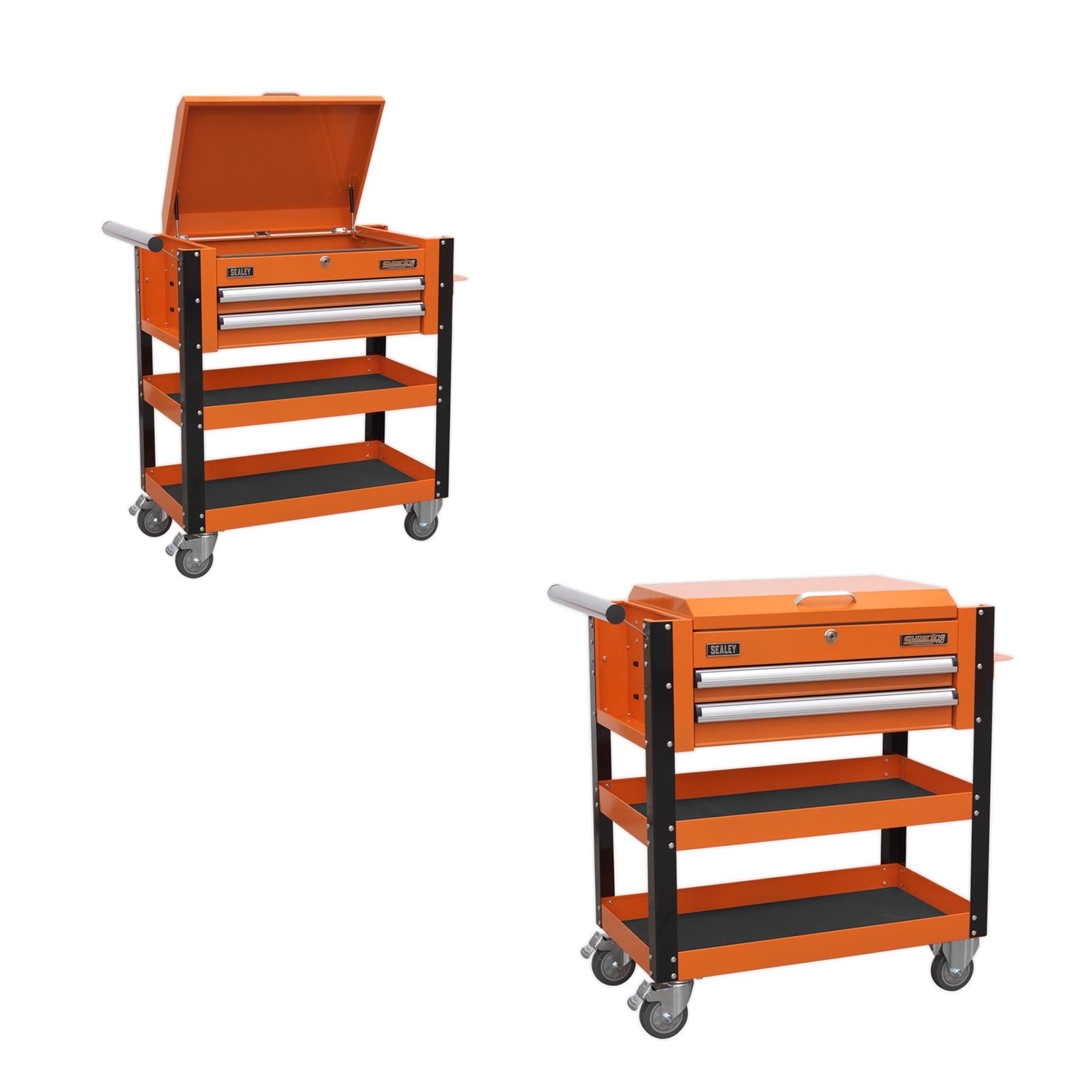 Sealey HD Mobile Tool & Parts Trolley 2 Drawer & Locking Top Orange