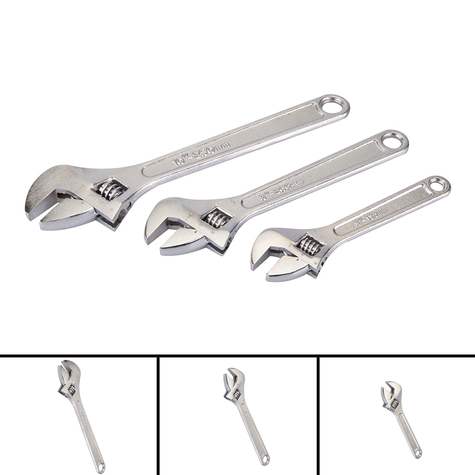 3Pce Adjustable Wrench Set 150, 200 & 250mm Chrome-Plated Carbon Steel