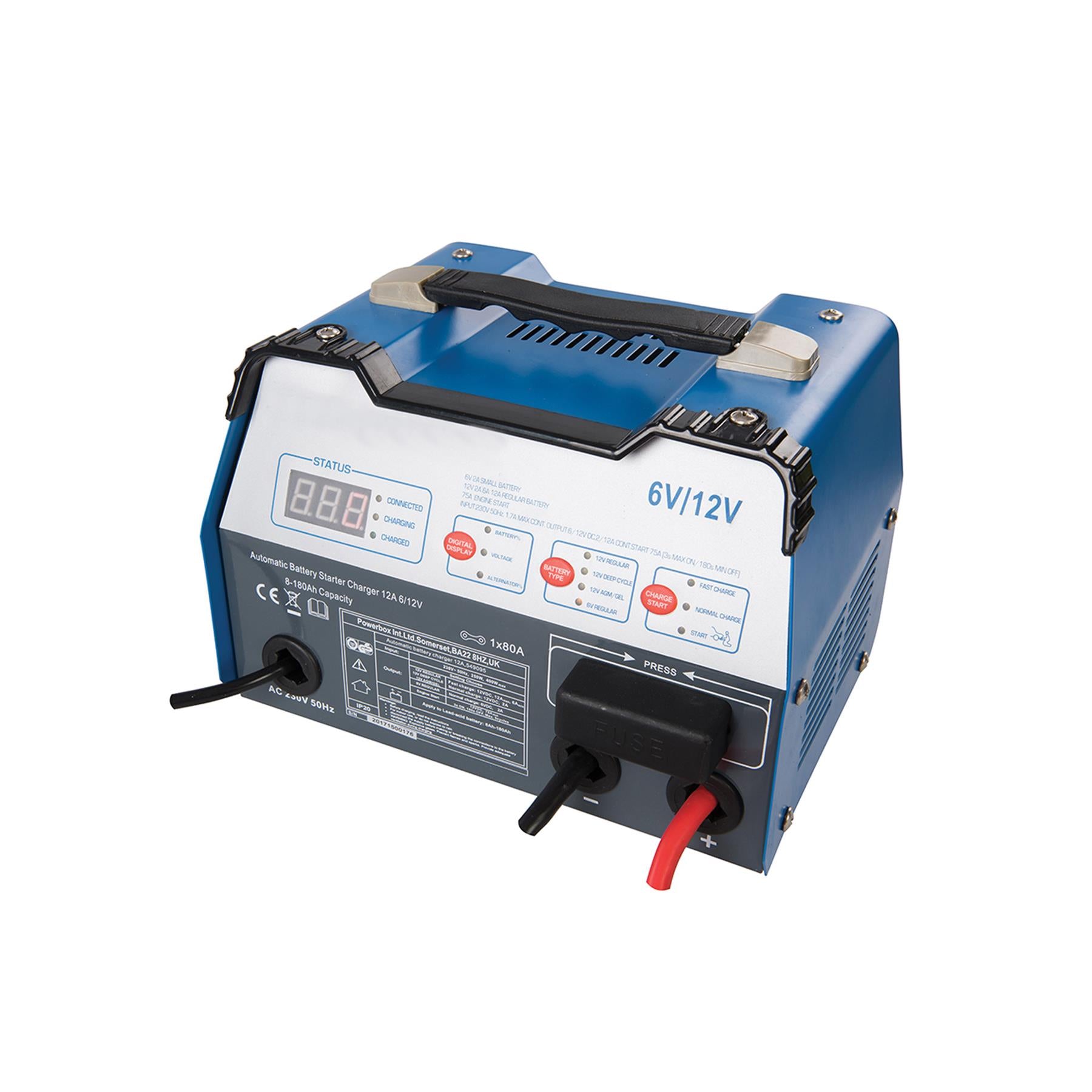 Automatic Battery Starter Charger 12A 6/12V 8-180Ah Capacity 3-Stage Starter