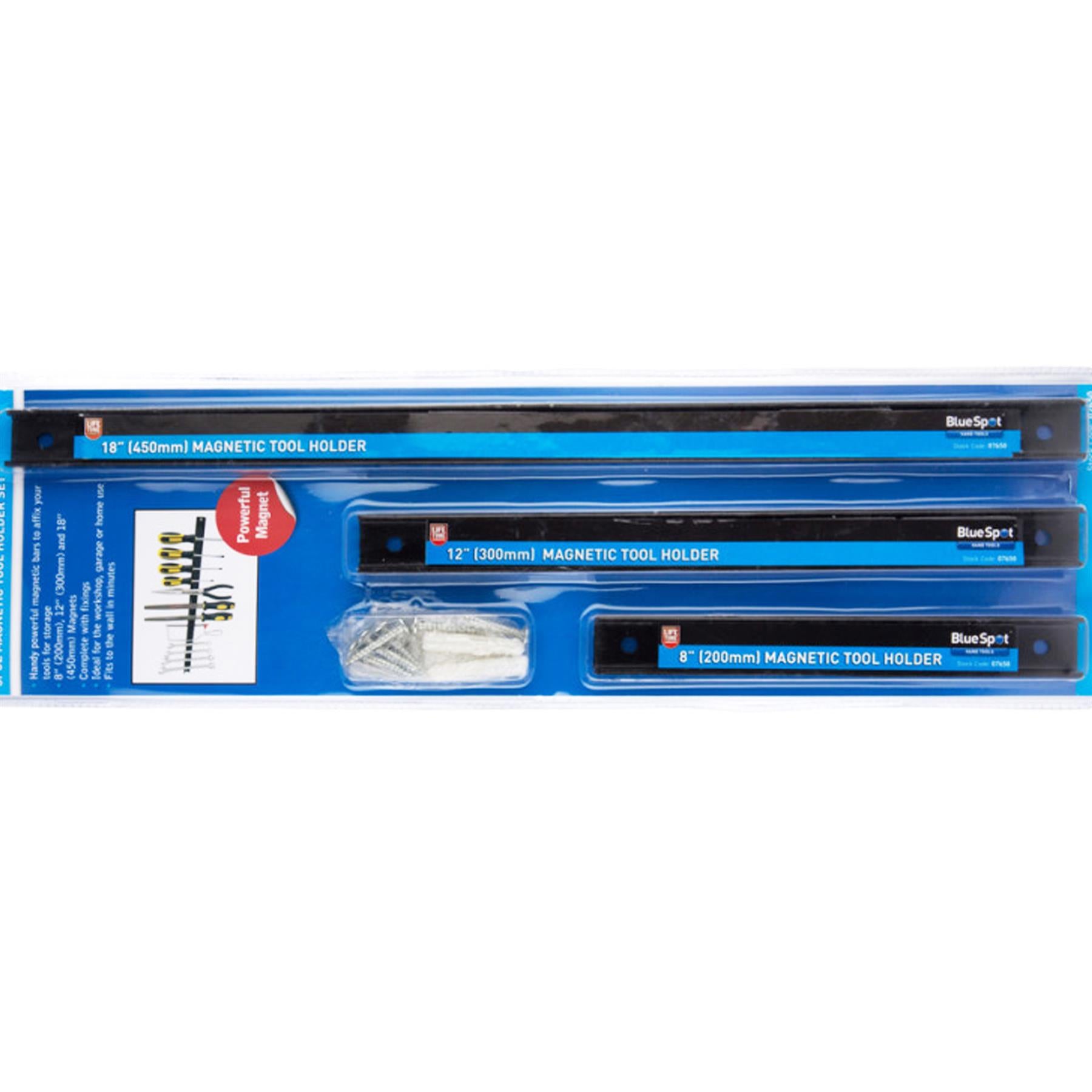 Bluespot 3pc Magnetic Bar Tool Holder Storage Rack Organiser Rails 8" 12" & 18"