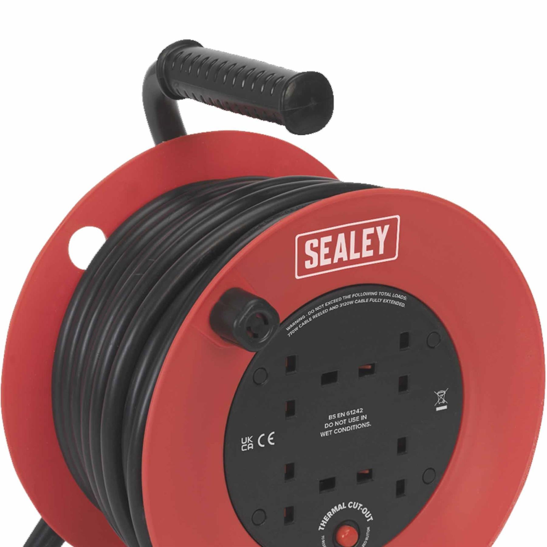 Sealey Cable Reel 25m 4 x 230V 2.5mm Heavy-Duty Thermal Trip CR22525