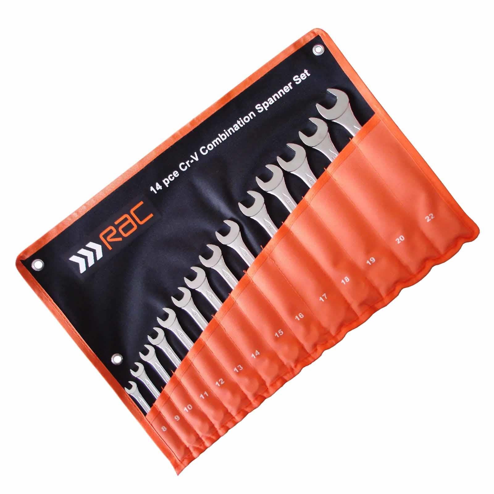 RAC 14PC METRIC COMBINATION OPEN RING CHROME SPANNER WRENCH SET IN CASE 8-22MM