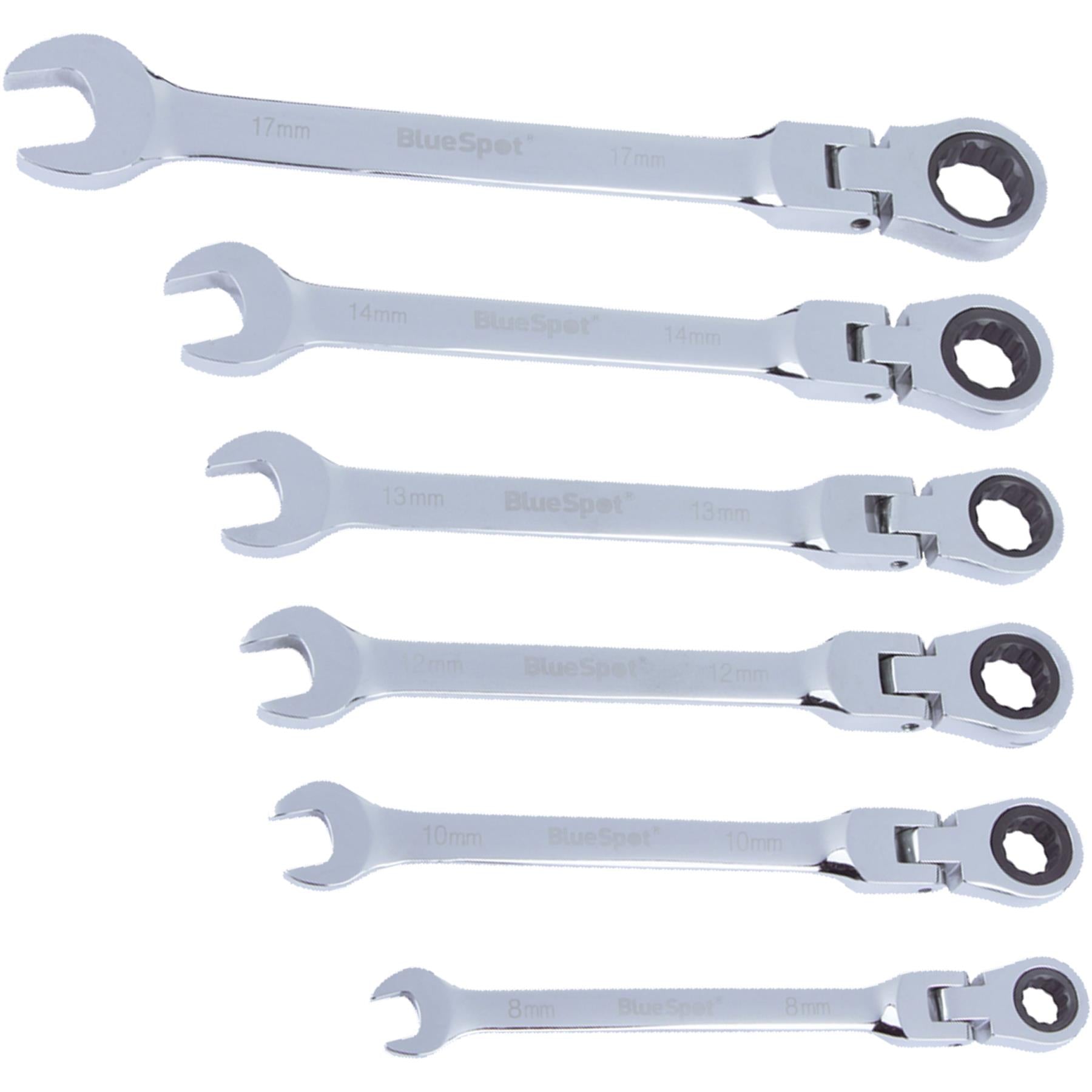 BlueSpot 6 Piece Ratchet Spanner Set Flexible Head Combination 8-17mm Open End Ring
