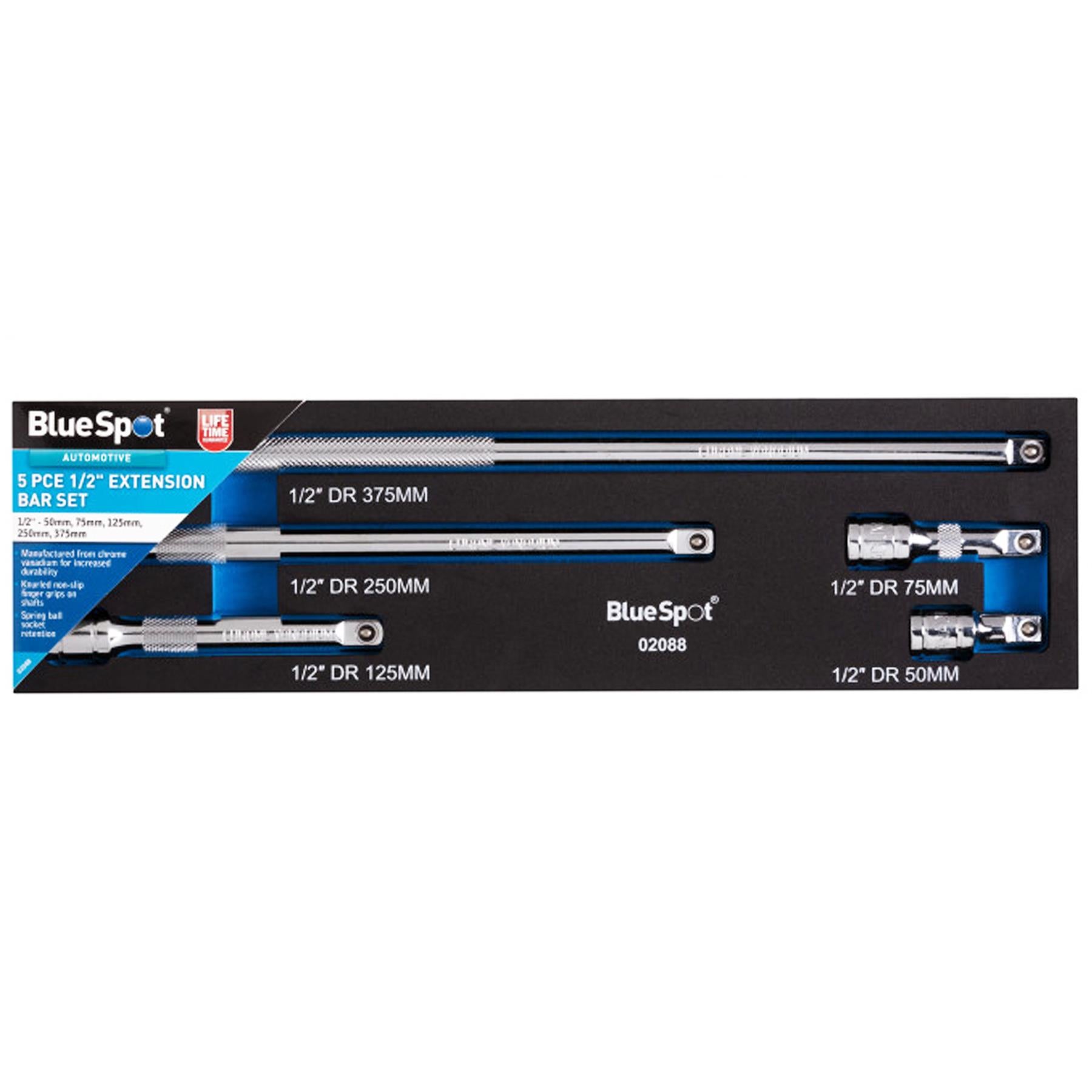 BlueSpot 5pc 1/2" Drive Socket Extension Bar Set 50 75 125 250 & 375mm Long