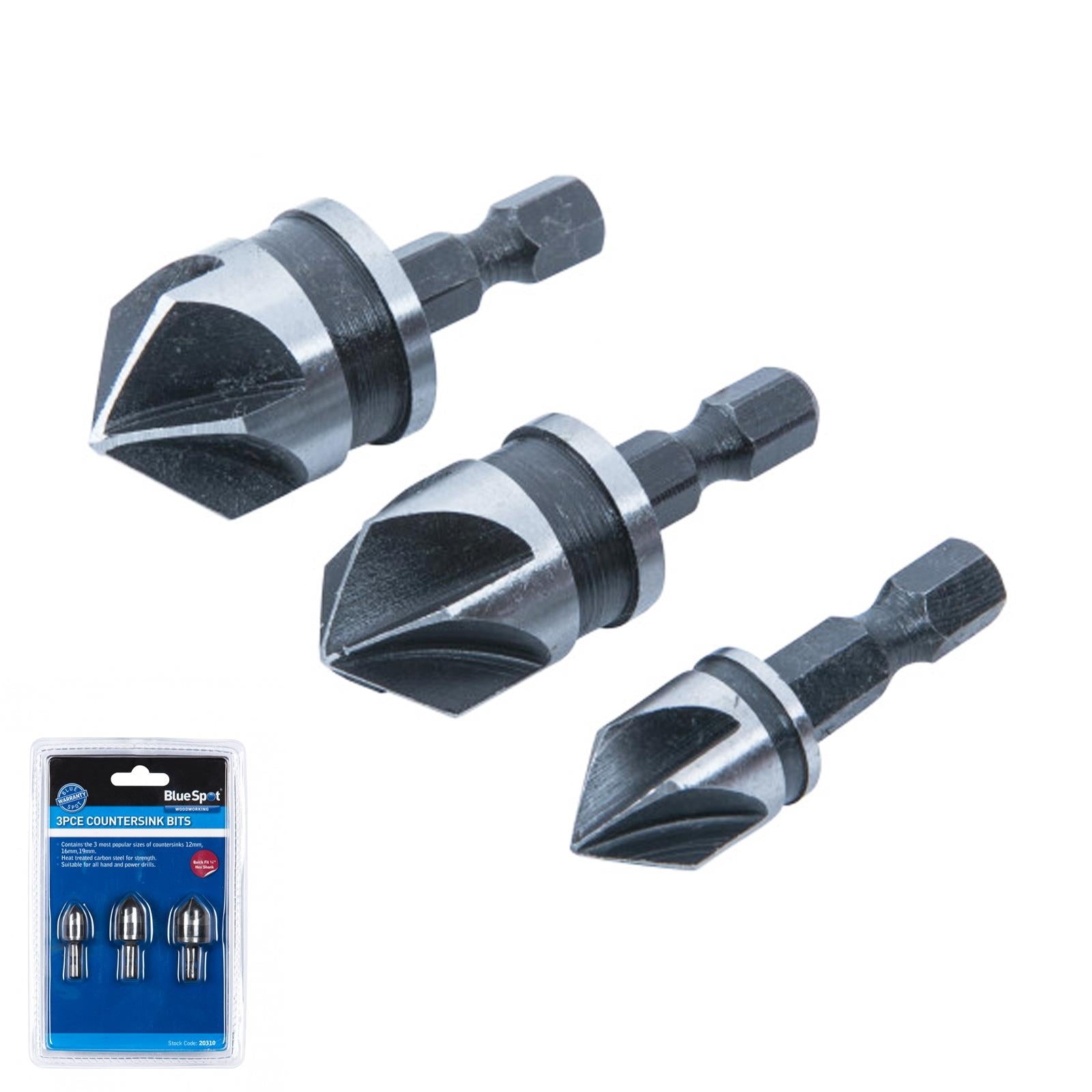 Bluespot Countersink Bits 3pce Set Countersink Drillbits Countersinking Wood 12 16 19mm