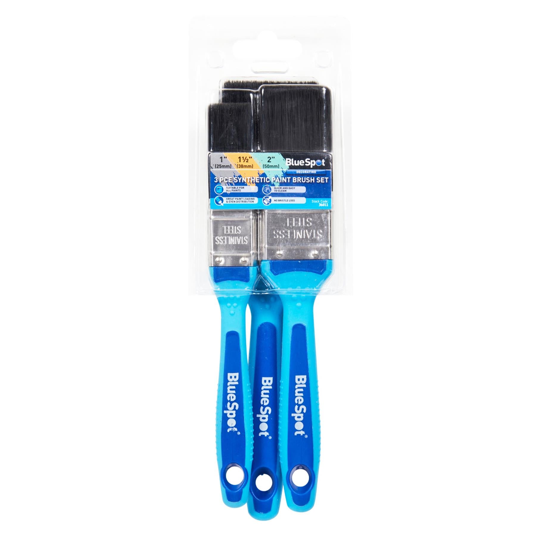 BlueSpot 3 PCE Synthetic Paint Brush Set with Soft Grip Handle 1", 1 ½" and 2"