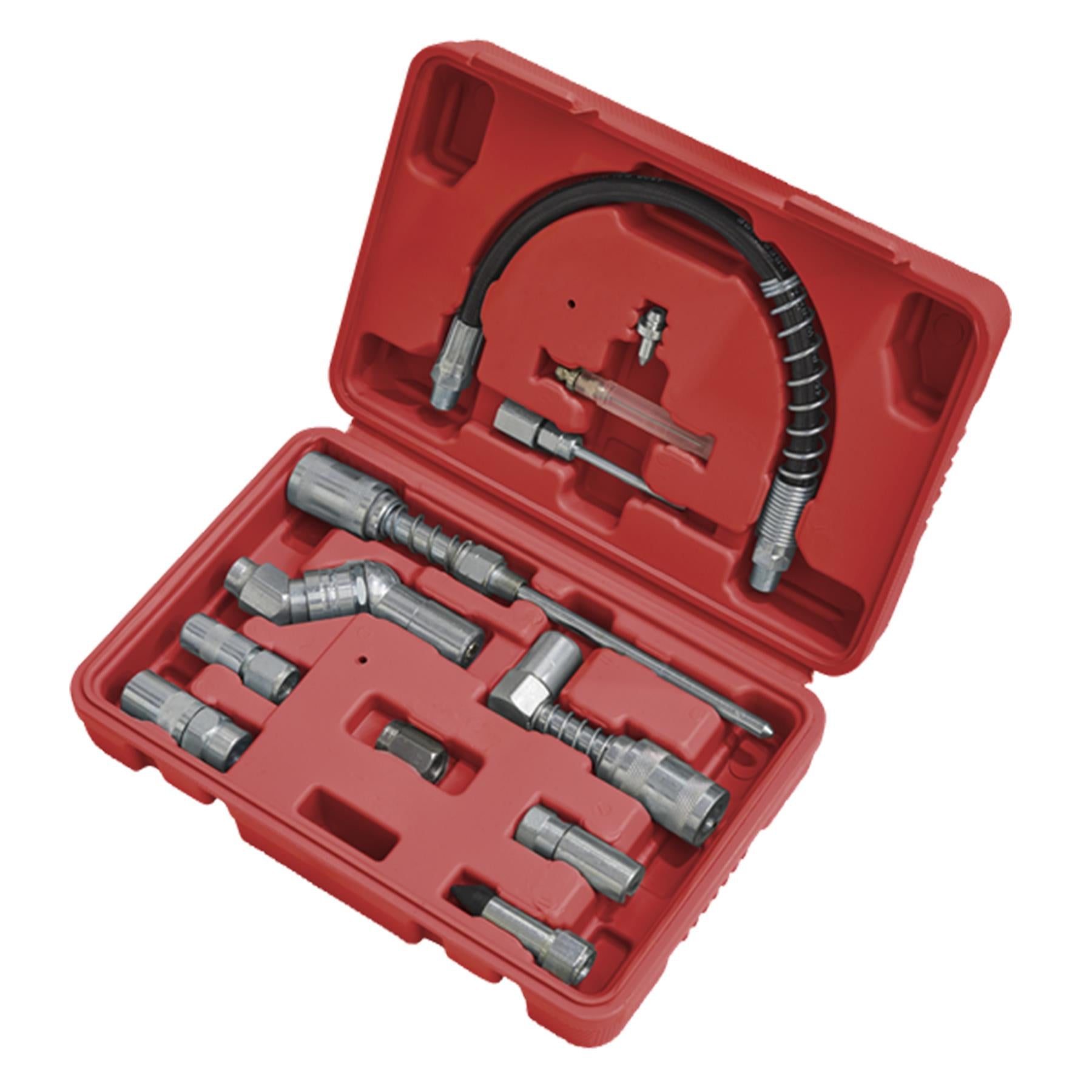 Sealey Manual Grease Gun Adaptor Kit Couplers Nozzles & Flexible Hose 12pc Set