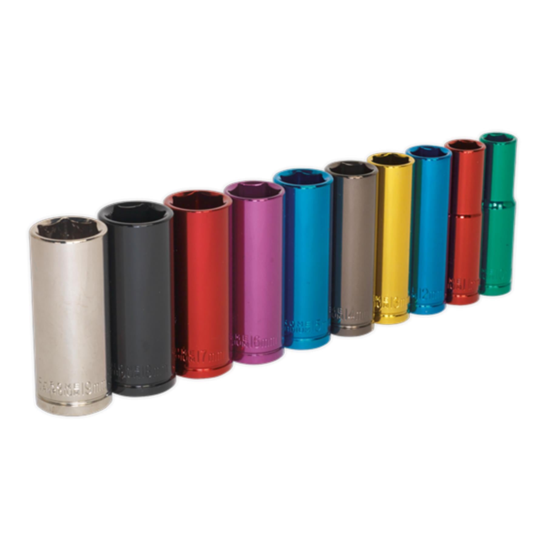 Sealey 10pc Multi Coloured Deep Socket Set 10mm - 19mm 6pt Set 3/8" Sq Drive