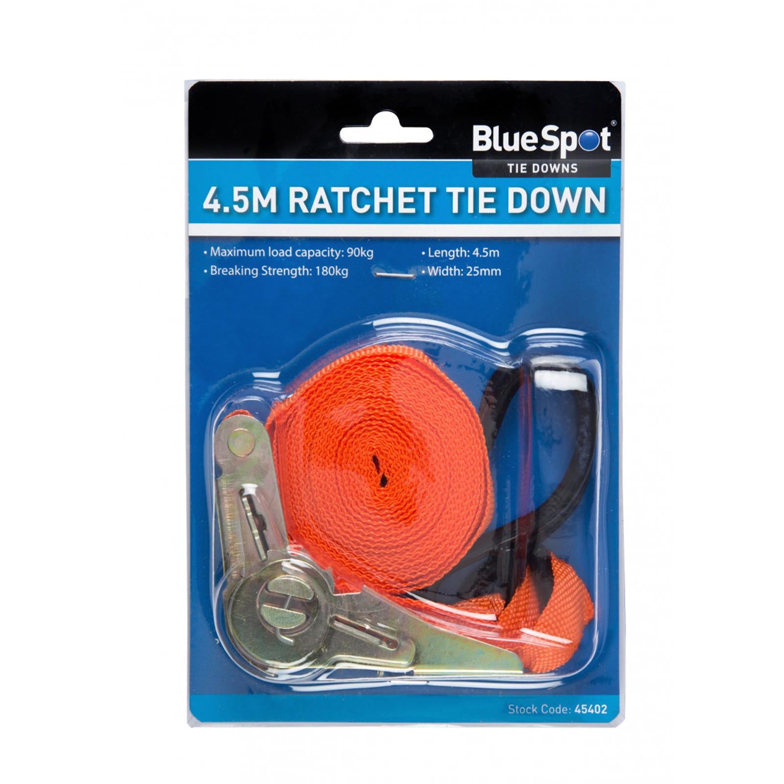 BlueSpot Pack of 25mm x 4.5m/15ft Ratchet Tie Down Strap 90Kg Max Load S Hook