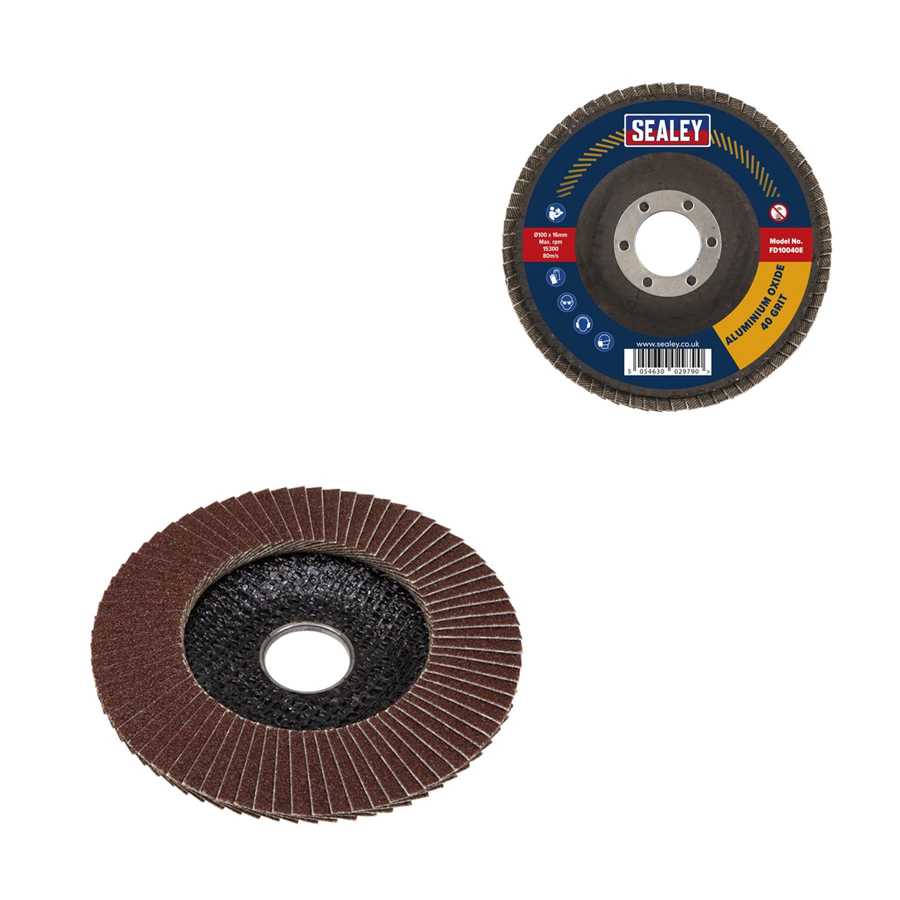 Flap Disc Aluminium Oxide 100mm 16mm Bore 40Grit. Sealey