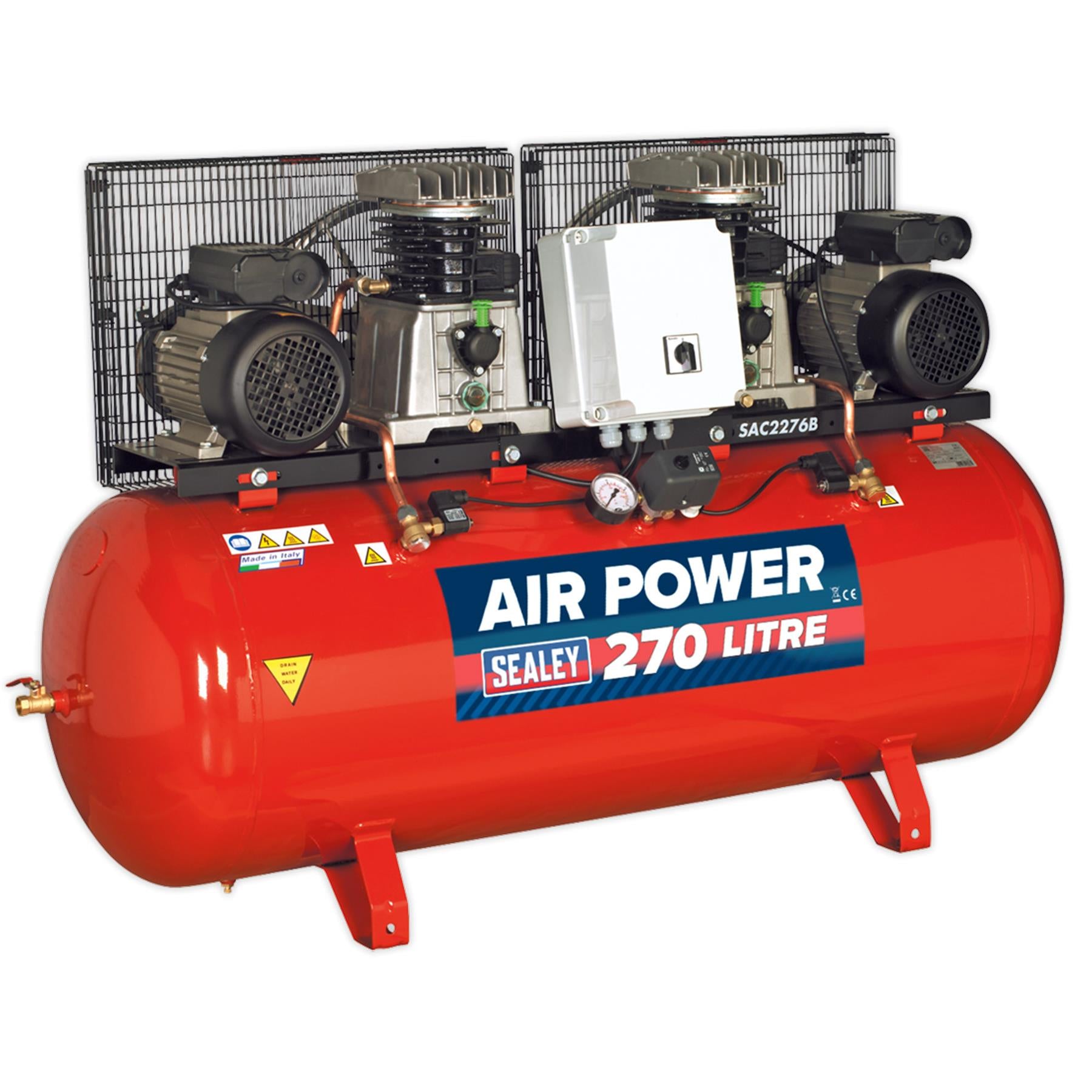 Sealey Compressor 270L Belt Drive 2 x 3hp with Cast Cylinders
