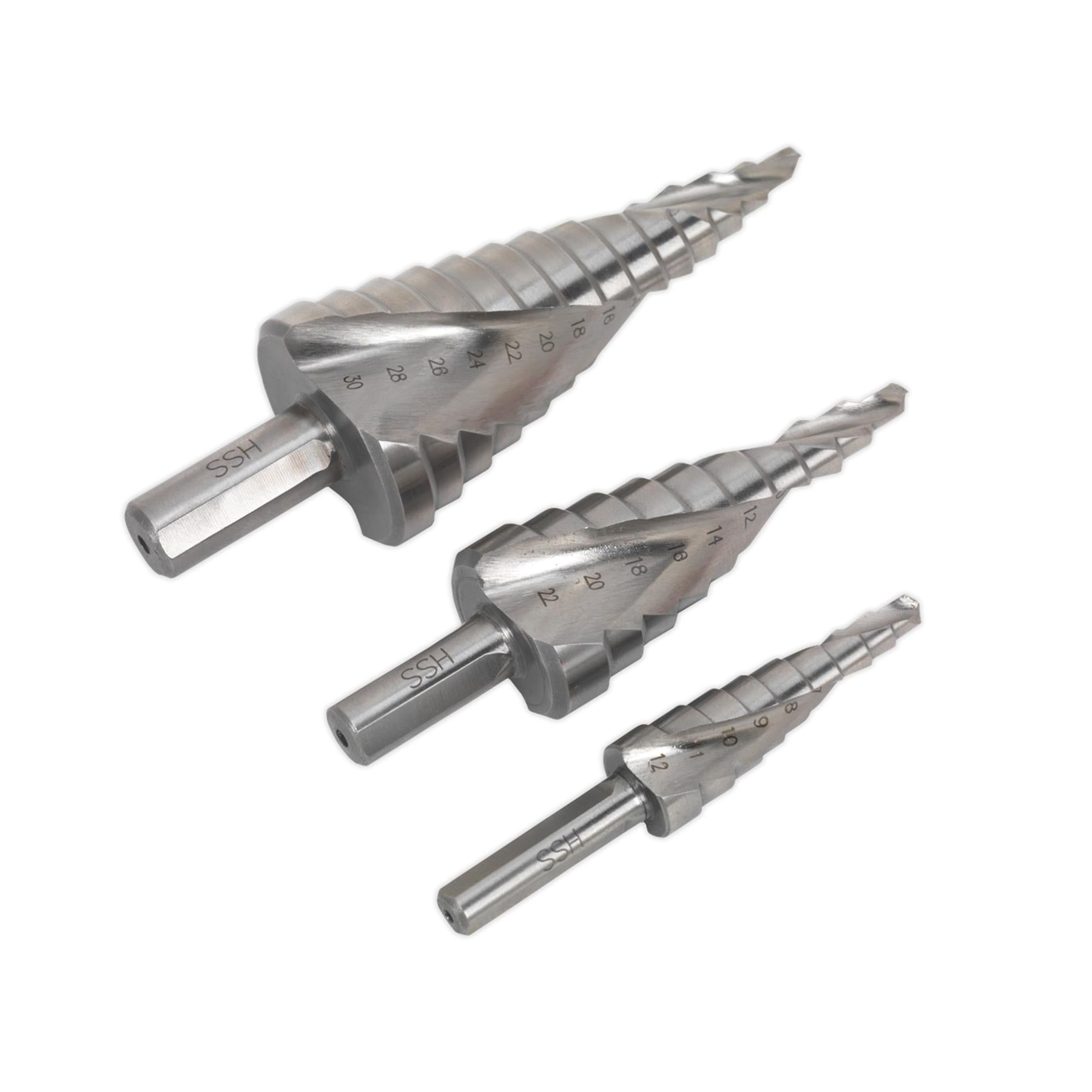 Sealey 3pc Spiral Step Drill Bit Set HSS M2 Spiral Flute Ø4-30mm Hole Cutter
