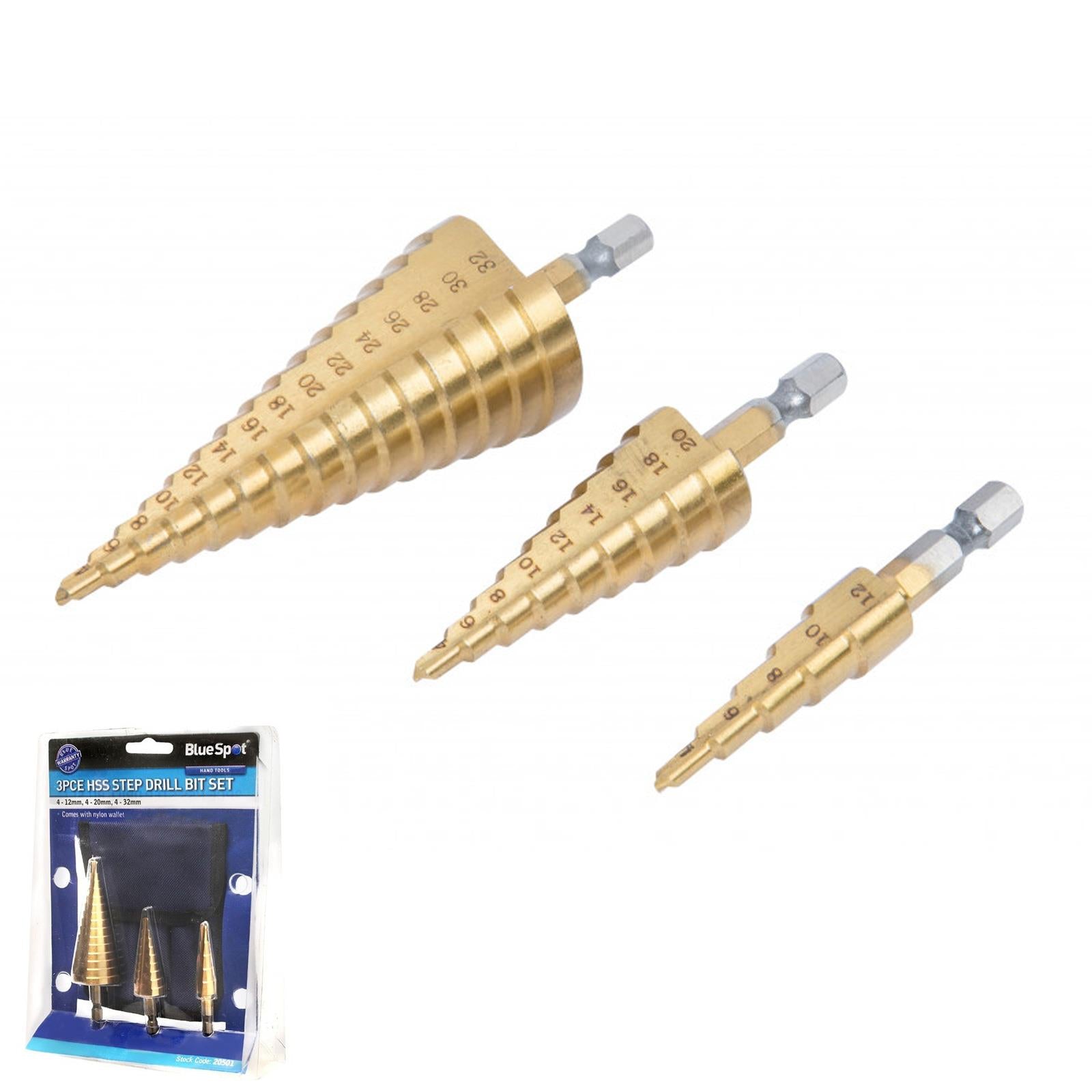 BlueSpot 3Pce HSS Hex Shank Tap Drill Bits Metric Thread (4-32mm) Screw Compound Set