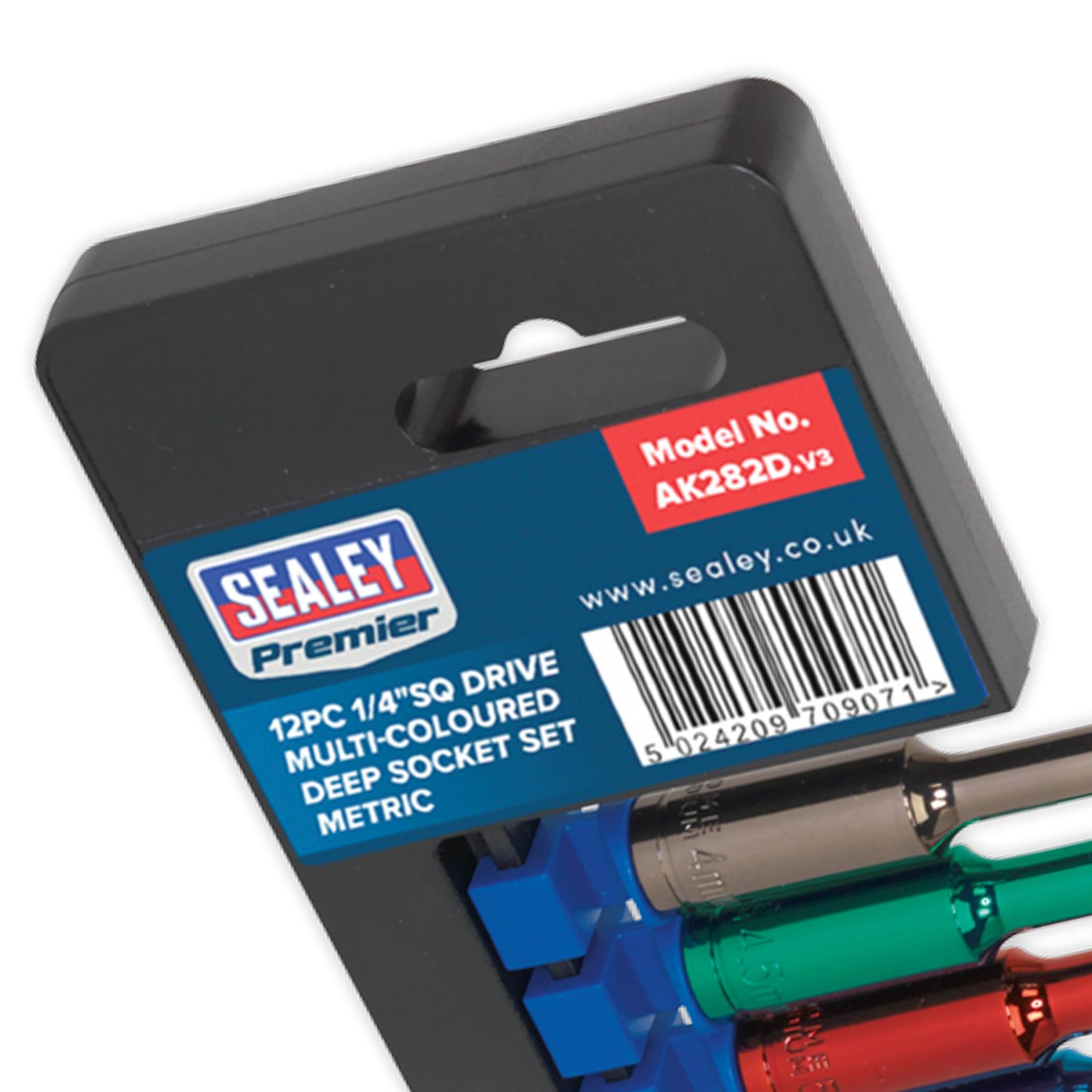 Sealey Multi-Colour Socket Set 12pc 1/4 Sq Dr 6pt Deep WallDrive MM