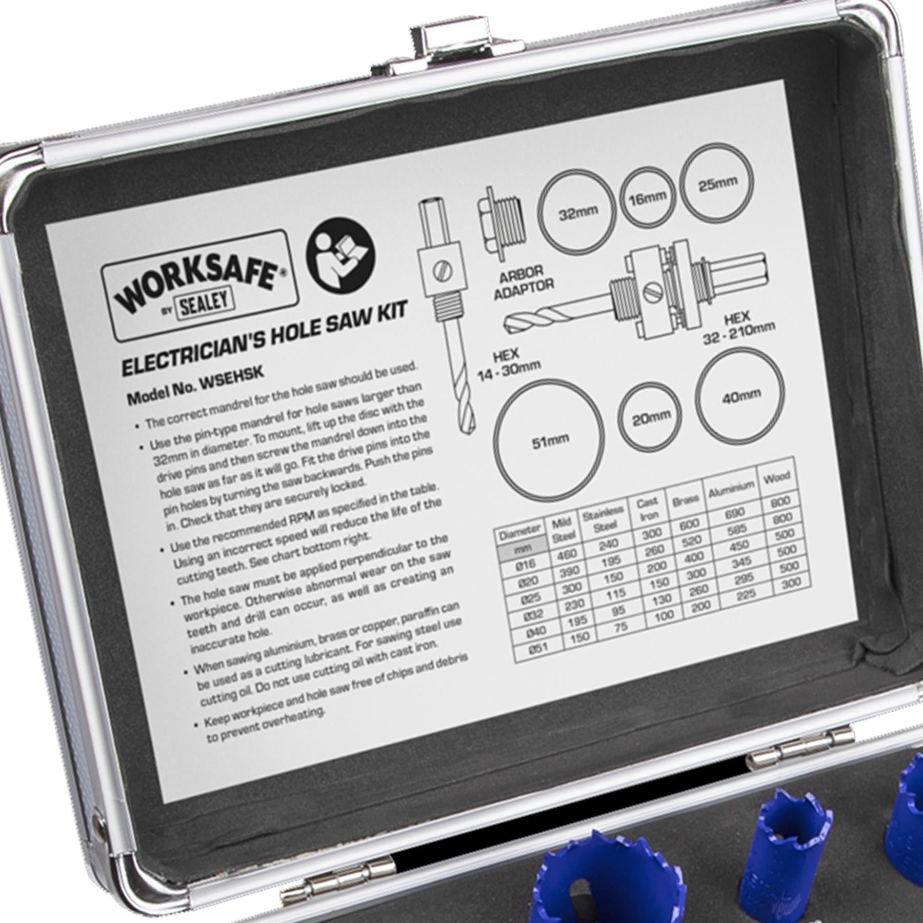 9 Piece Electricians Hole Saw Kit. Professional quality kit Sealey
