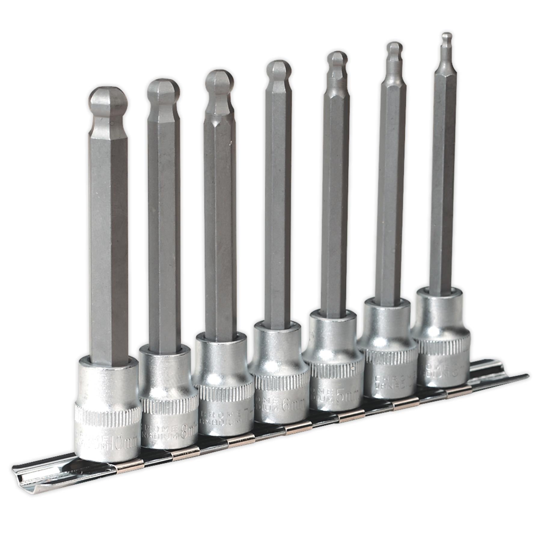Sealey Ball-End Hex Socket Bit Set 7pc Metric 3/8"Sq Drive 100mm
