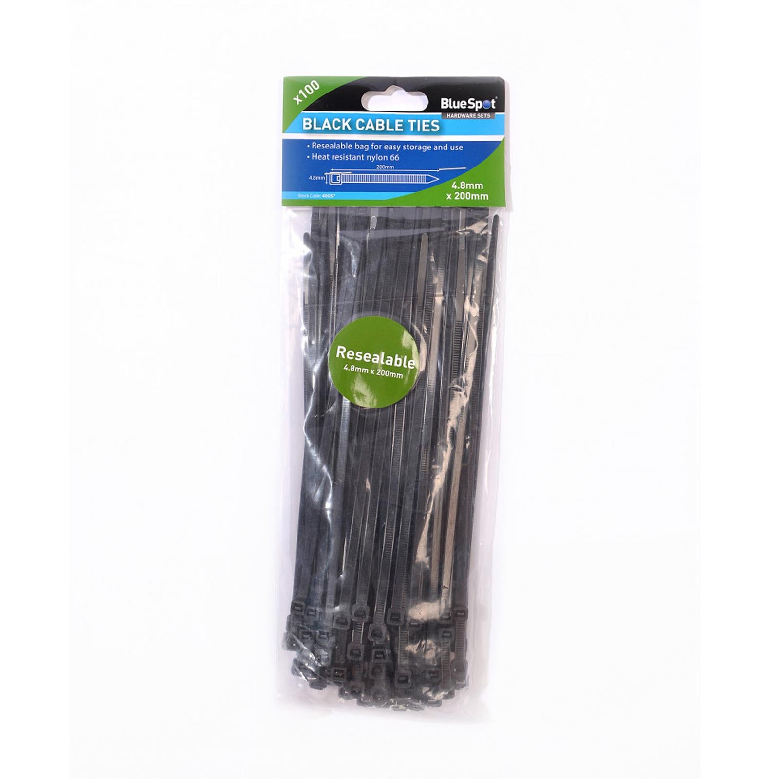 BlueSpot Black Cable Ties 100Pce 4.8mm X 200mm Long Thick Thin Narrow Small Fastener