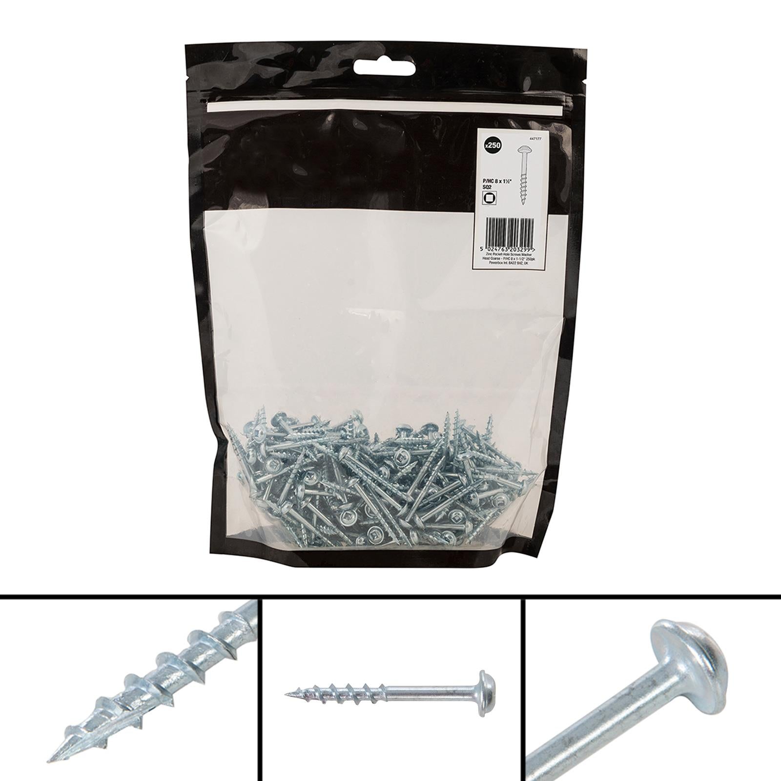 Zinc Pocket-Hole Screws Washer Head Coarse Thread Rust Resistant- 8x1-1/2" 250pk