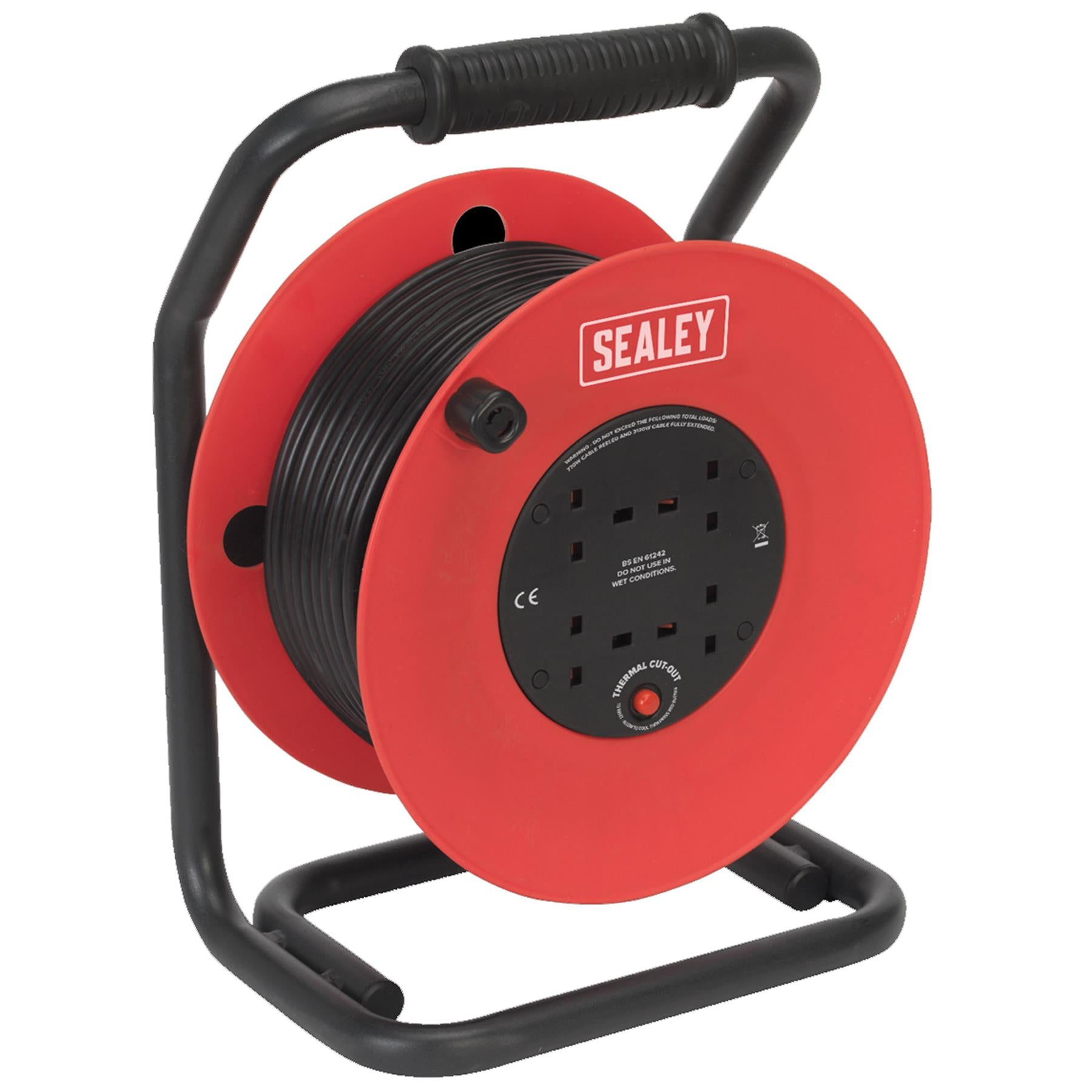Sealey 4 Way Gang Socket Extension Heavy Duty 50m Cable Reel Electrical Lead