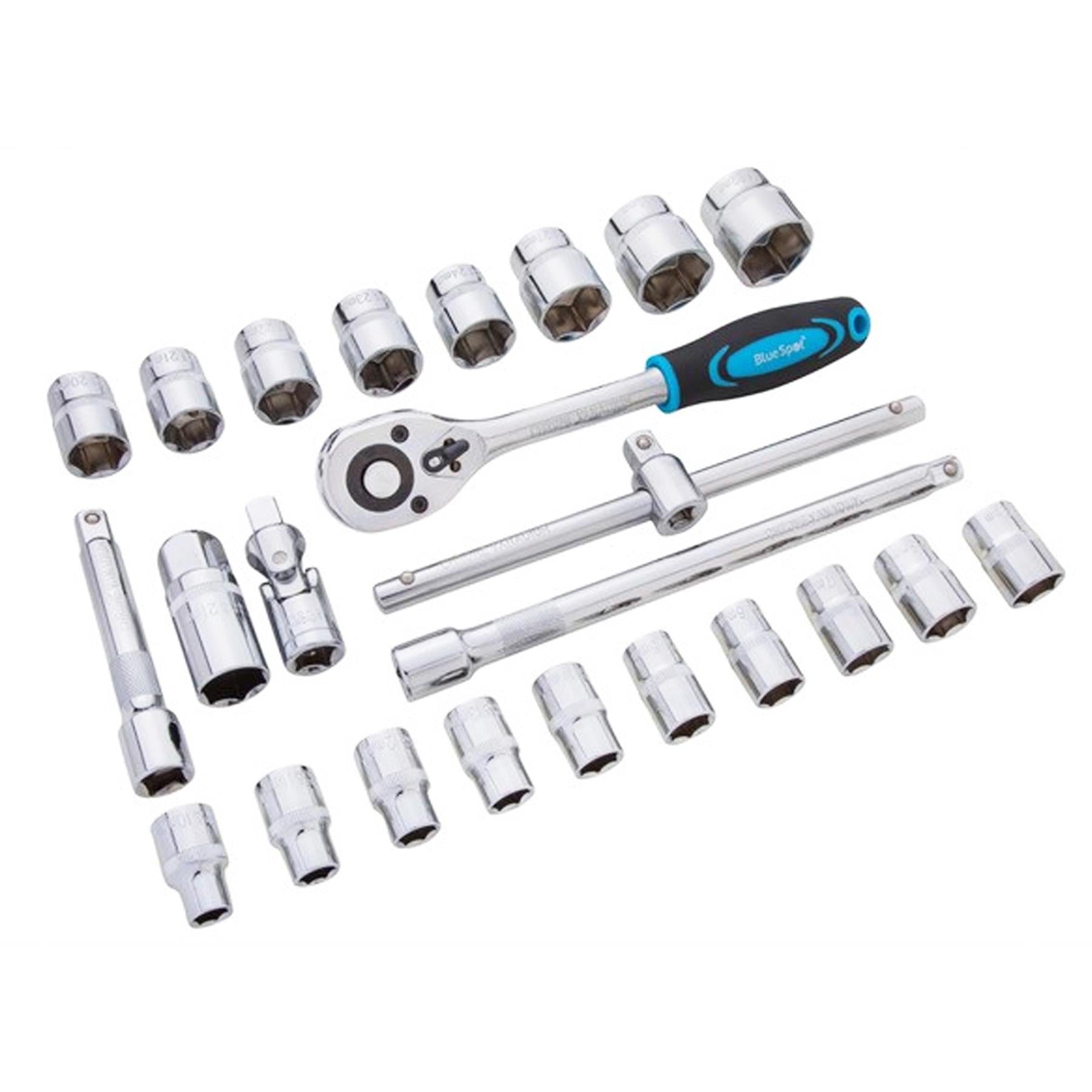 Bluespot 24 Pc Metric Socket Set Ratchet Extention Bar 1/2" Drive 10mm to 32mm