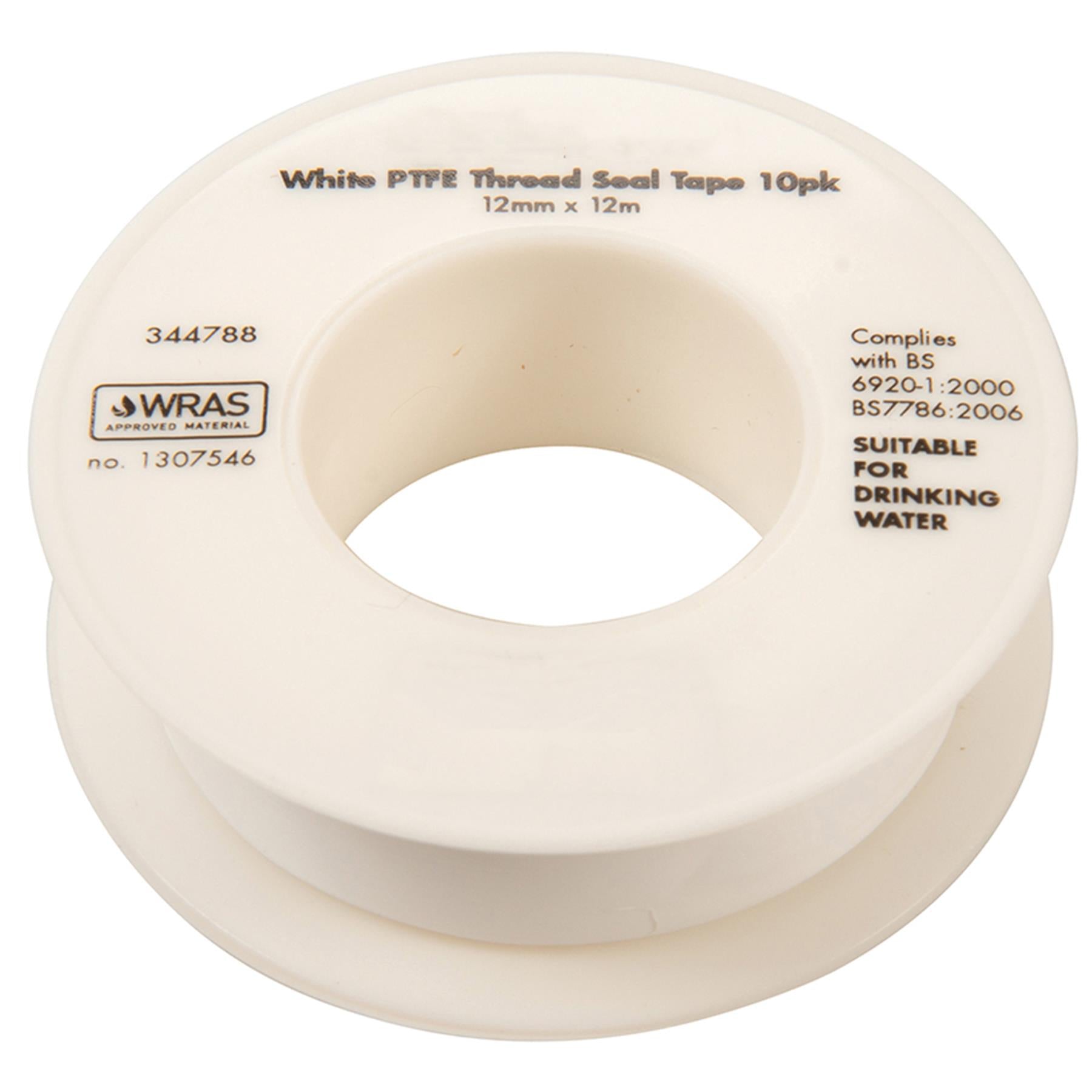 White PTFE TAPE Threaded Seal Fitting Water Plumbing Tape 12mm x 12m Pack of 10