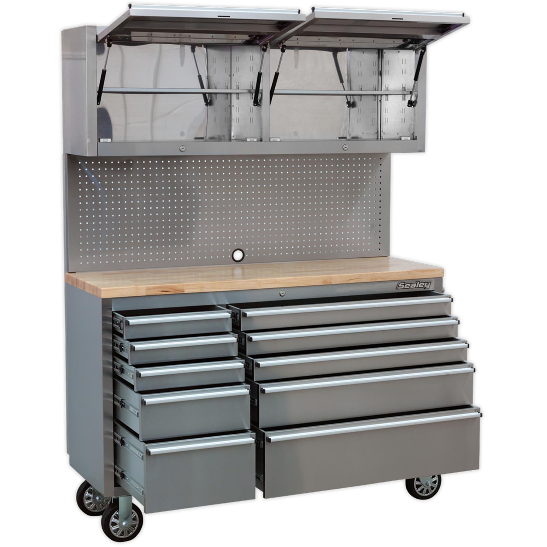 Sealey Mobile SS Tool Cabinet 10 Drawer + Backboard & 2 Cupboards