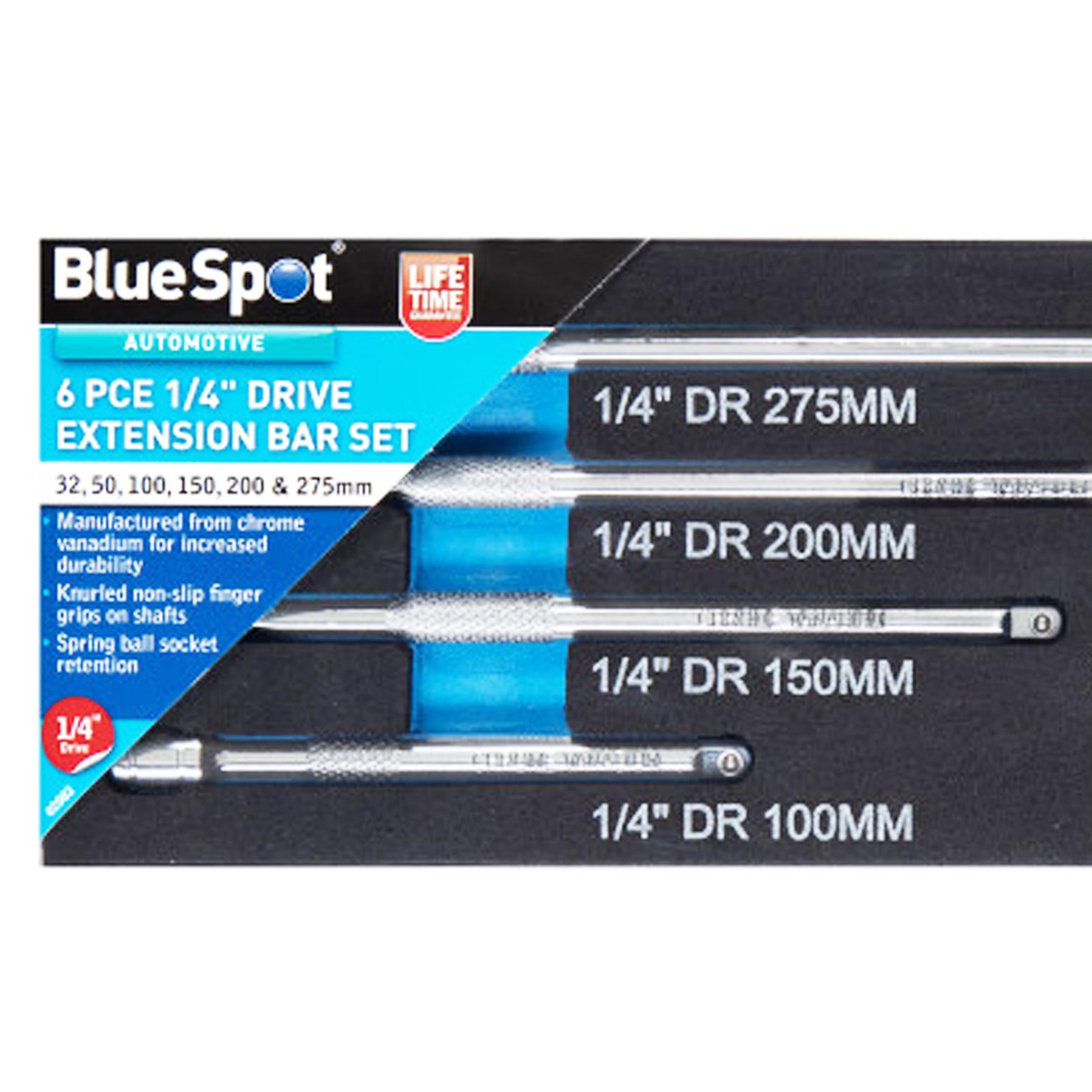 BlueSpot 6pc 1/4" Drive Socket Extension Bar Set 32 50 100 150 200 275mm Long