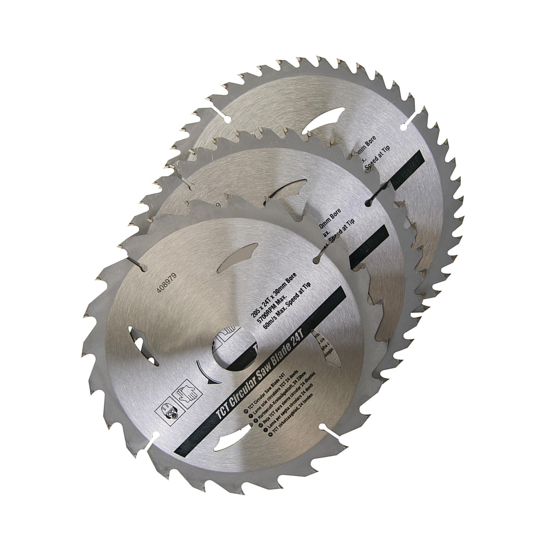 3 Piece TCT Circular Saw Blade Set 205 x 30 - 25, 18, 16mm Rings