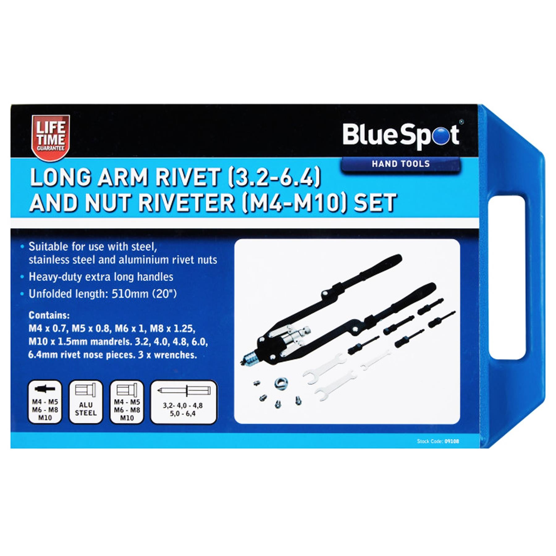 BlueSpot Long Arm Rivet 3.2-6.4 And Nut Riveter M4-M10 Gun Tool Set