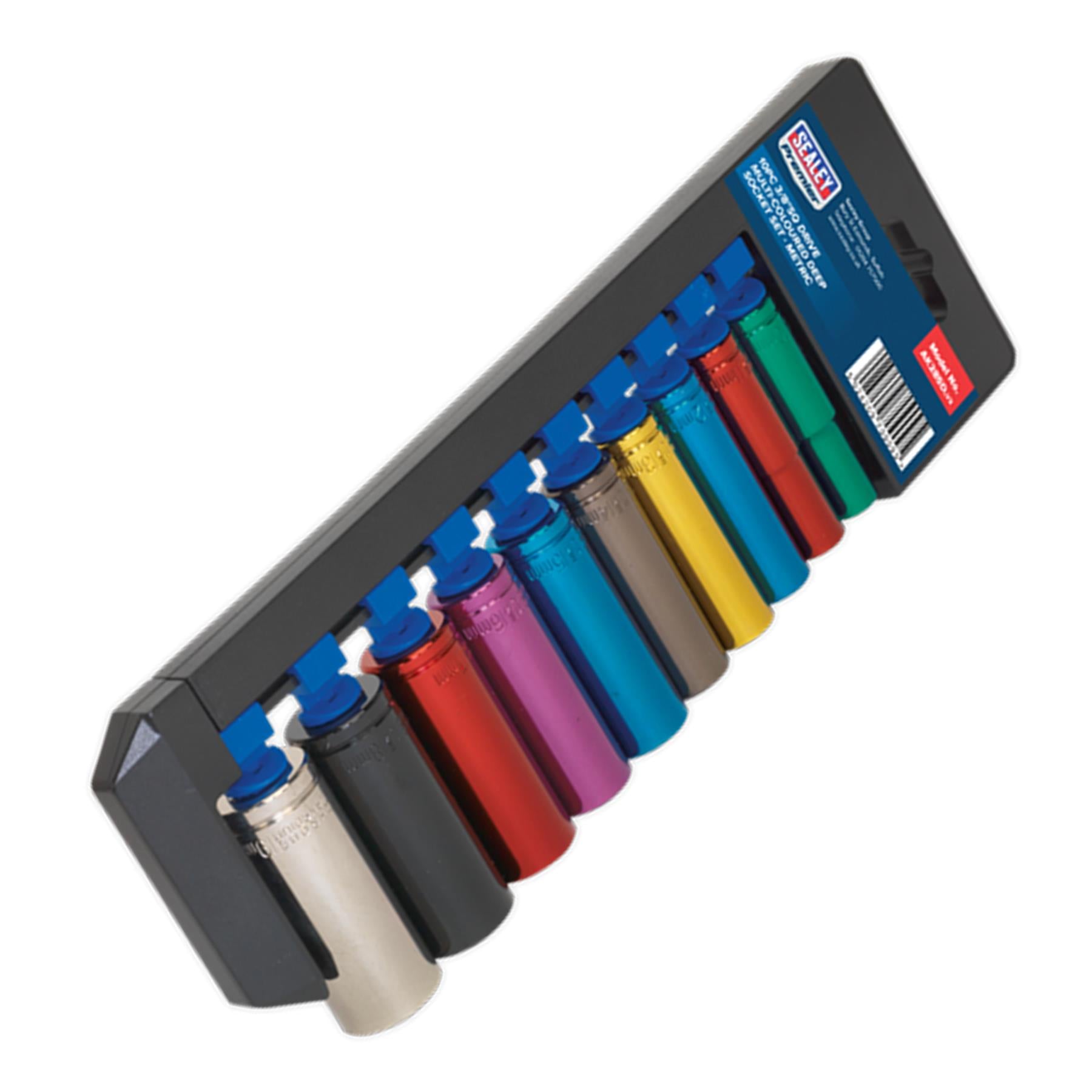 Sealey 10pc Multi Coloured Deep Socket Set 10mm - 19mm 6pt Set 3/8" Sq Drive