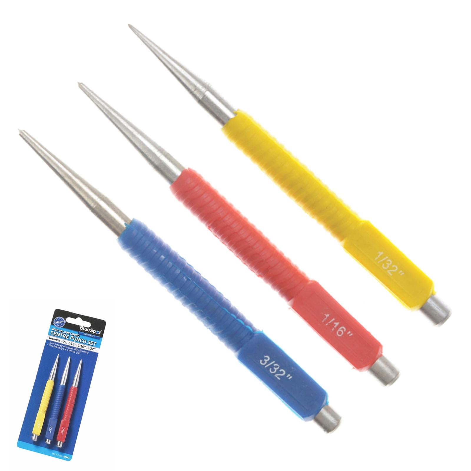 BlueSpot 3Pce Centre Punch Set Colour Coded Carbon Steel 1/32" 1/16" 3/32" For Stable Drilling New