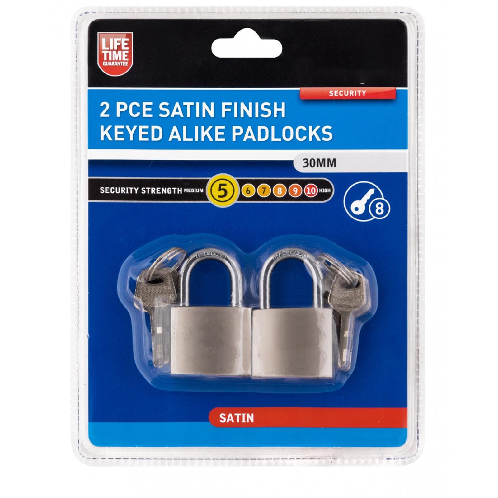 Bluespot 2pce 30mm Keyed Alike Padlocks Same Keys Satin Finish Lifetime Warranty