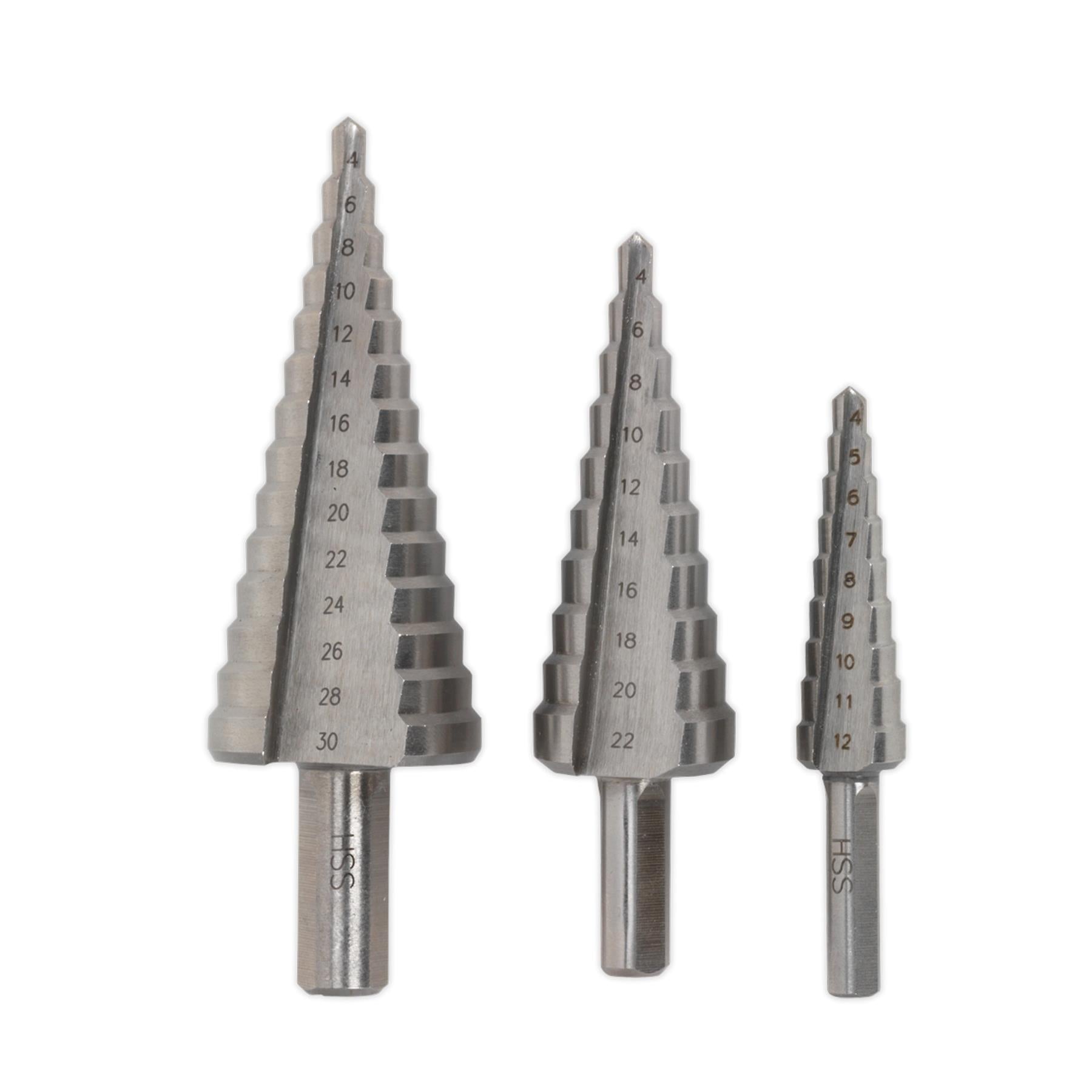 Sealey 3pc Step Drill Bit Set HSS 4341 Double Straight Flute 4-30mm AK4746