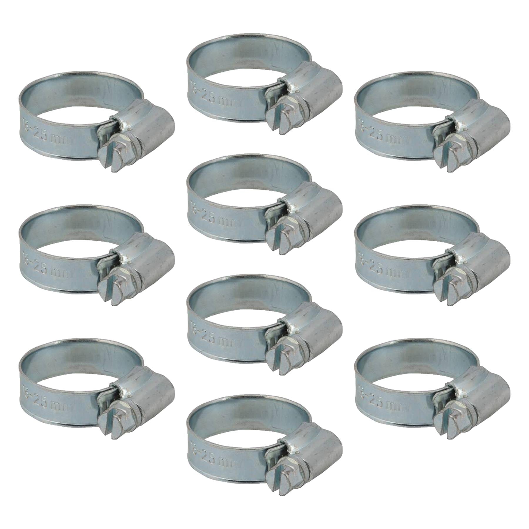 10Pk Hose Clips - 18 - 25mm (Ox) Zinc-Plated Mild Steel Ideal For Automotive Use