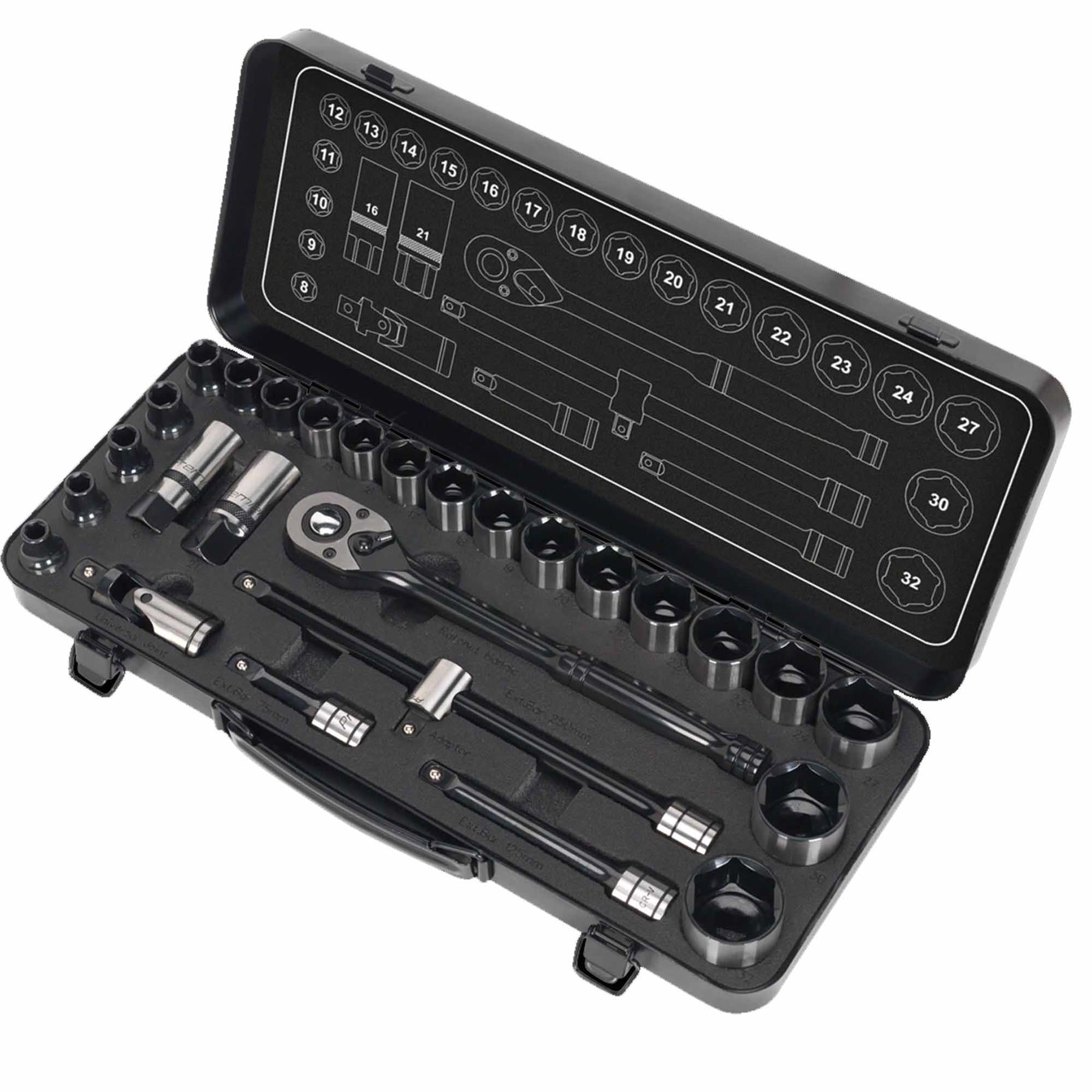 Sealey Socket Set 28pc 1/2"Sq Dr 6pt WallDrive Metric Black Series