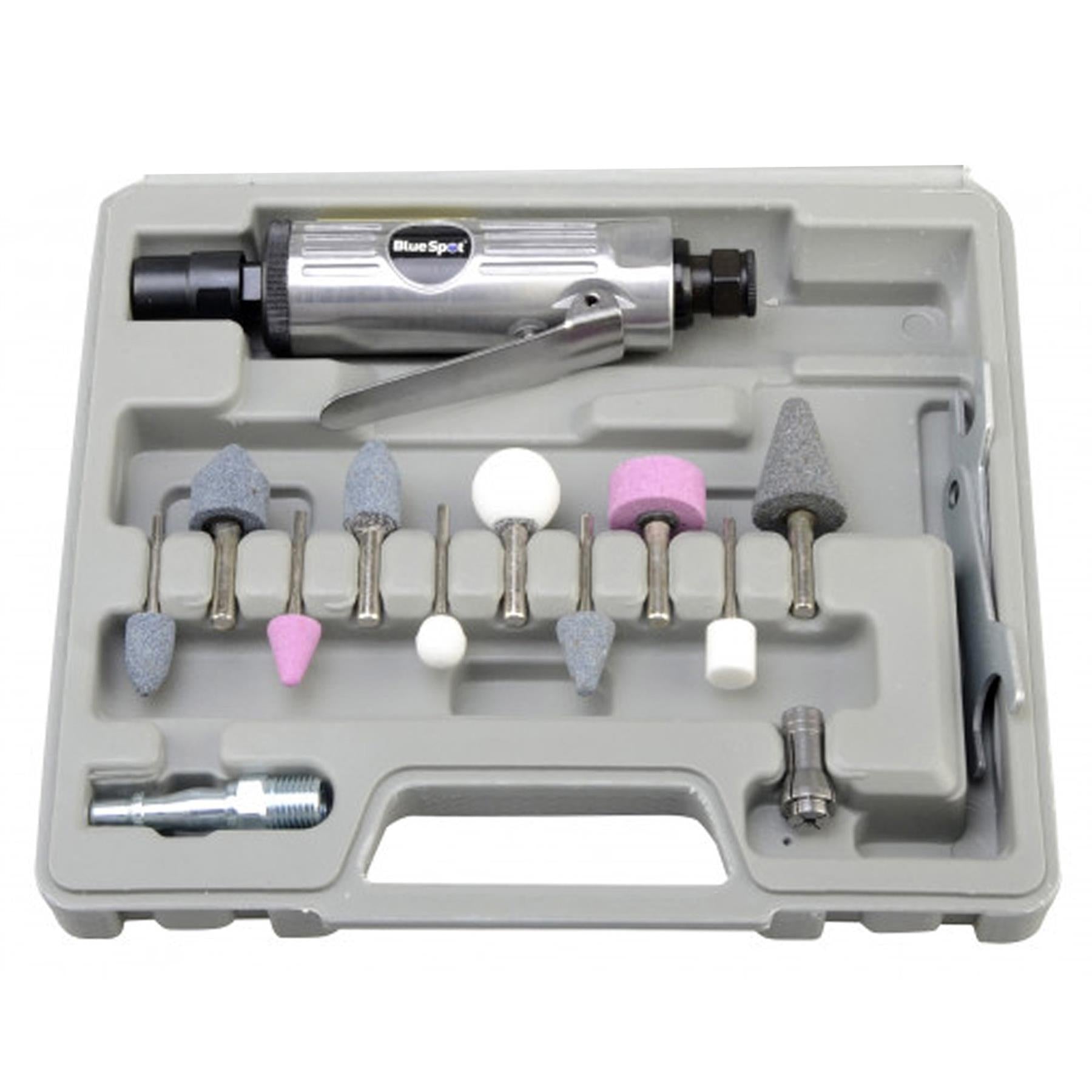 BlueSpot 15Pc 1/4" Straight Mini Air Die Grinder Tool Kit + Grinding Polishing Stones Set