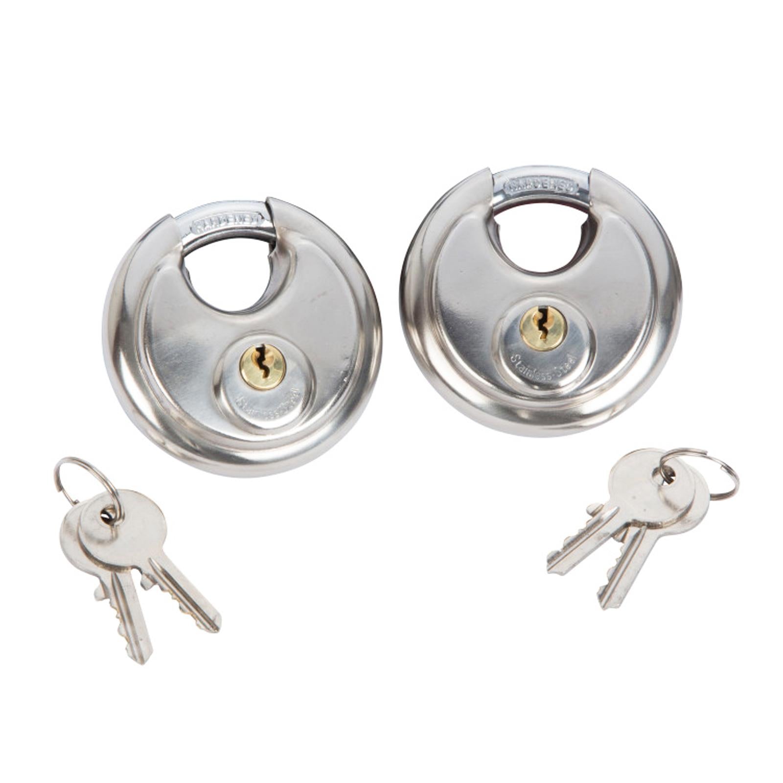 2 PACK Keyed Alike 70mm Stainless DISCUS PADLOCKS + 4 KEYS Strength