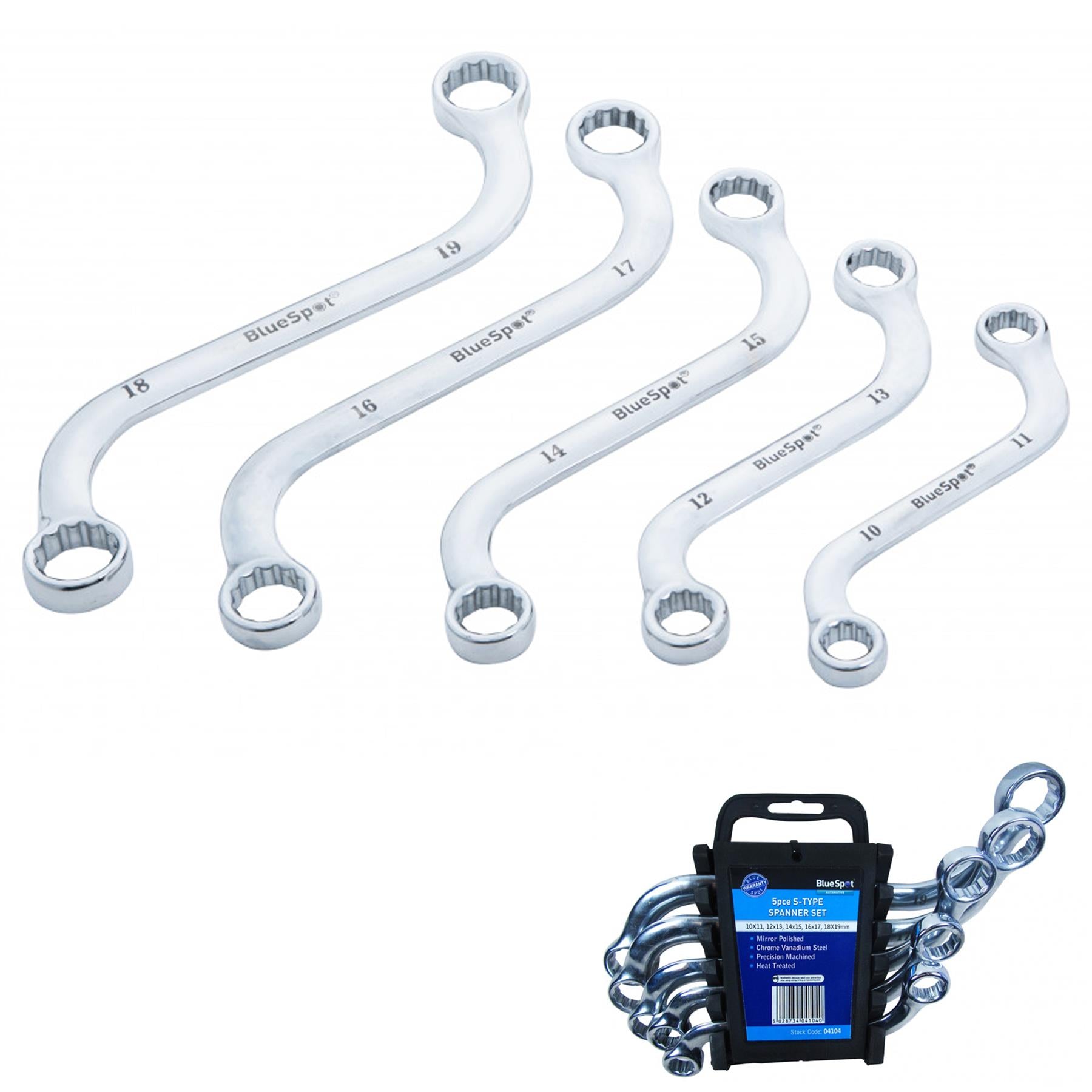 BlueSpot 5 Piece 10-19mm S-Type Spanner Set Metric Curved Chrome Vanadium