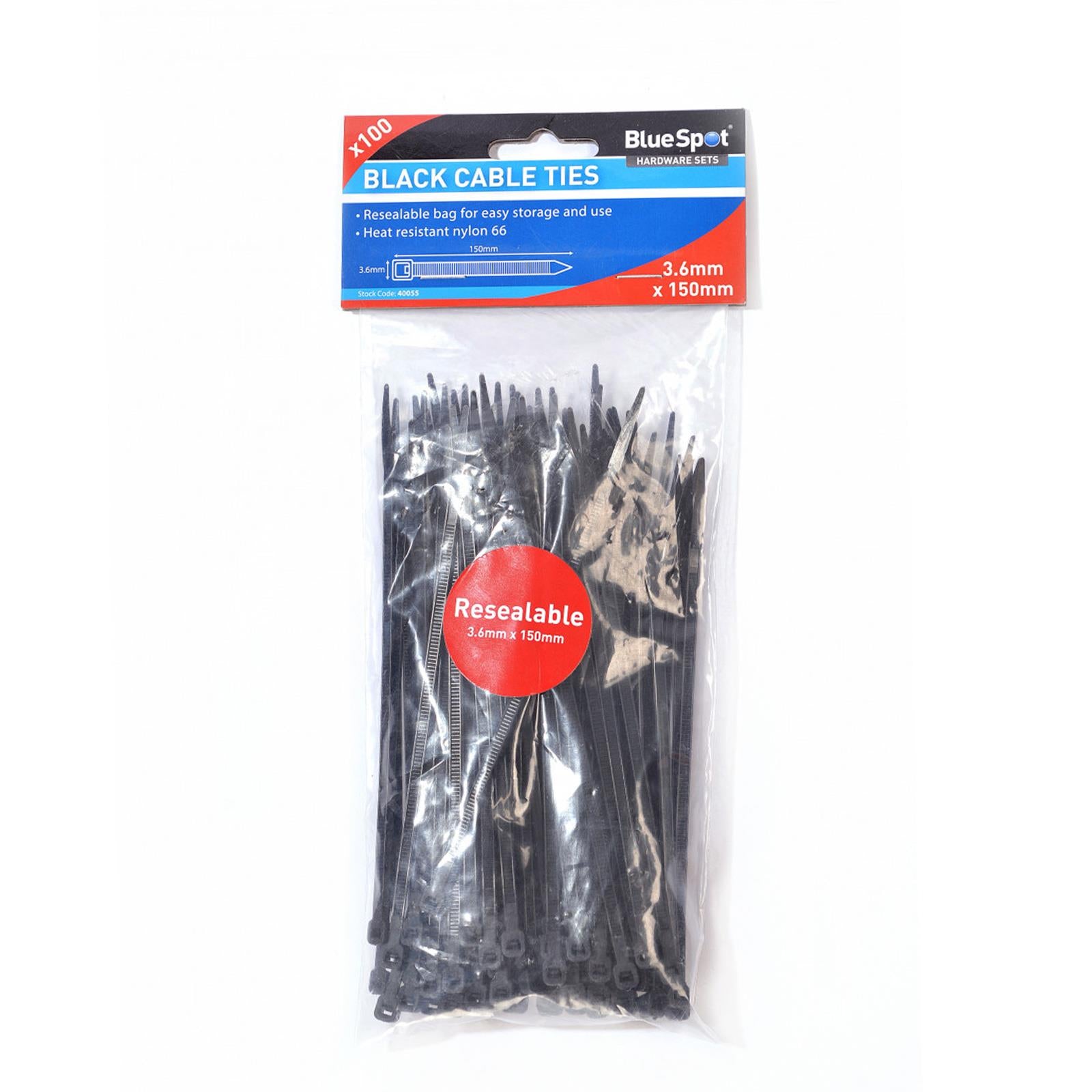 BlueSpot Cable Ties Black Cable Ties Zip Packaging Ties 100Pce 3.6mm x 150mm