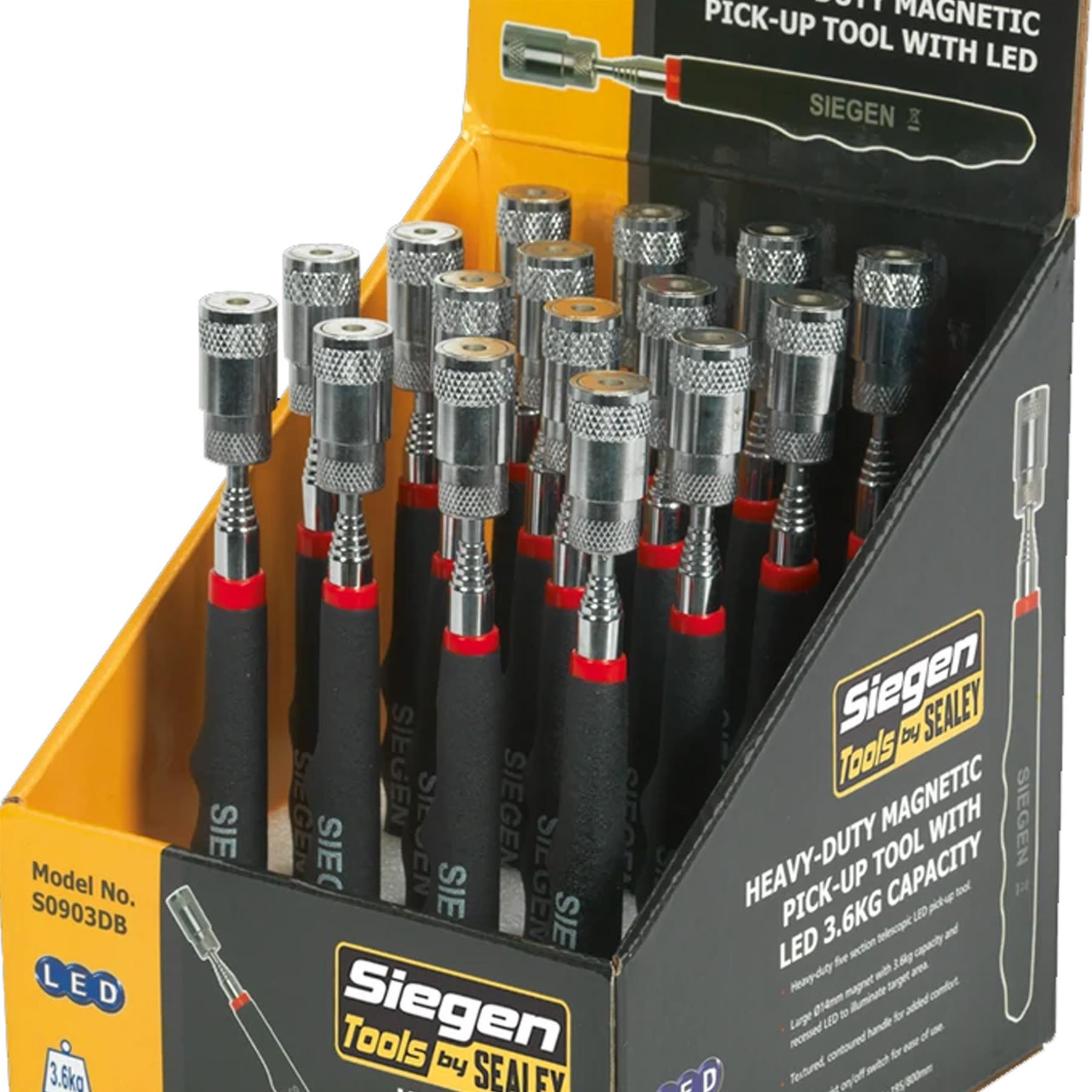 Sealey HD Mag Pick-Up Tool with LED 3.6kg Cap Display Box of 16