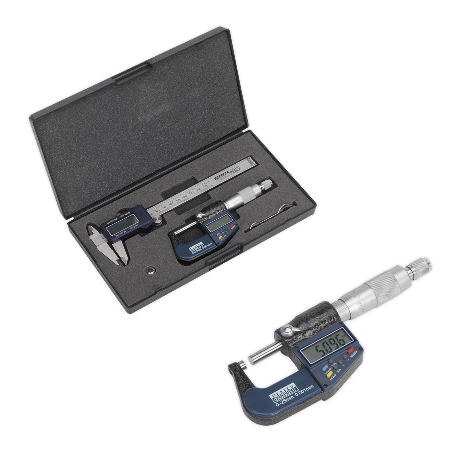 Sealey Digital Measuring Set 2pc Storage Case Micrometer Adjustment Wrench
