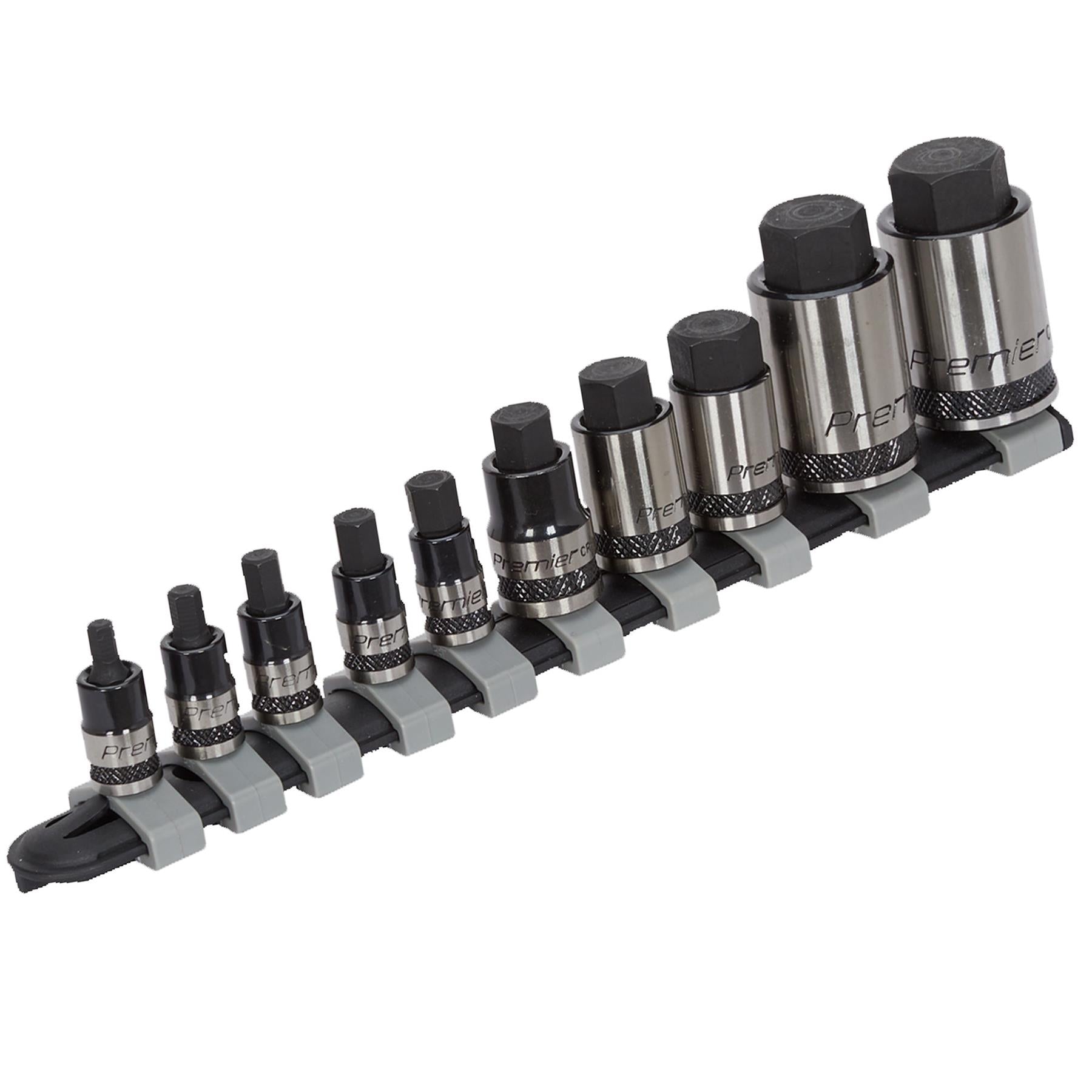 Sealey Hex Socket Bit Set 10pc Stubby 1/4",3/8",1/2"Sq Dr Black