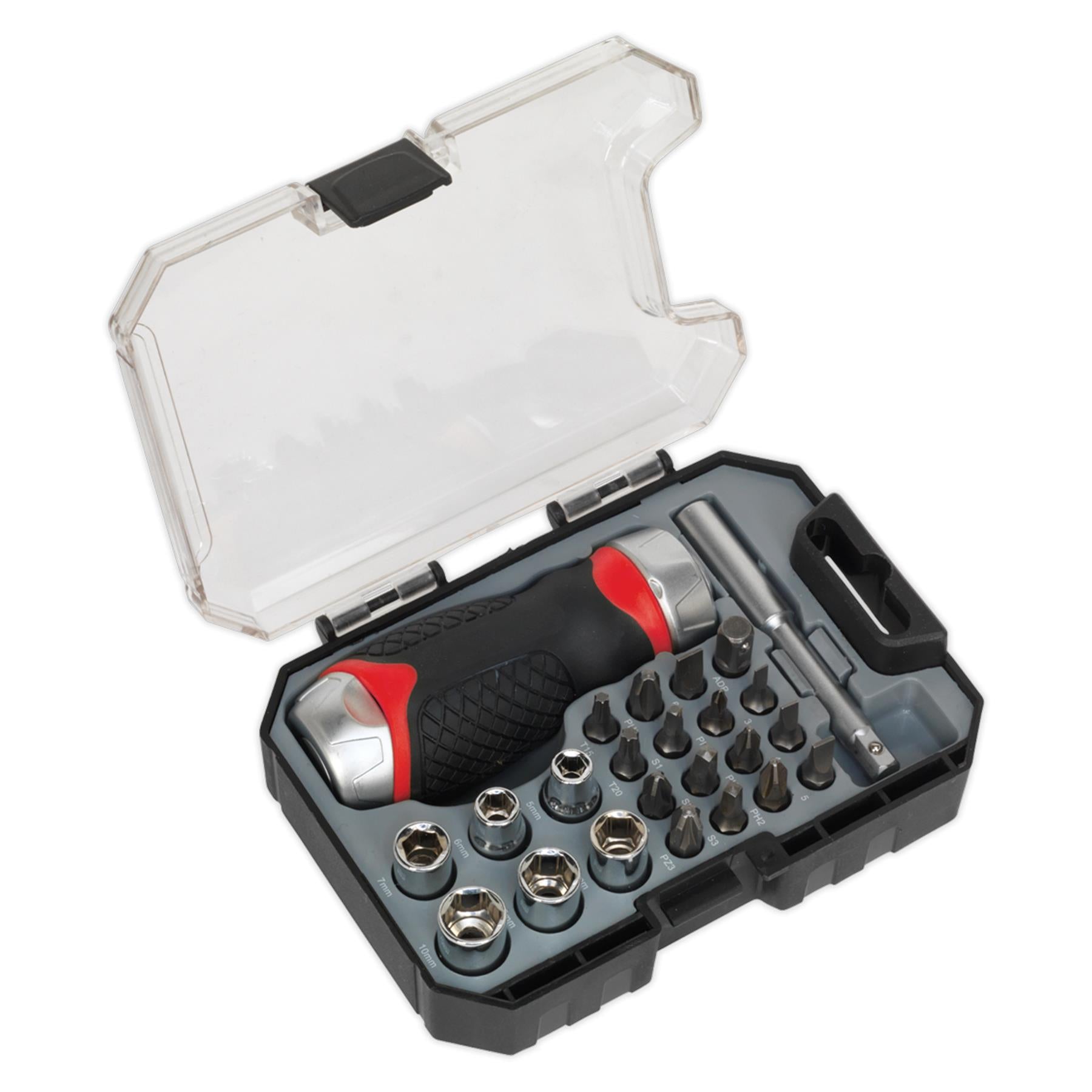 Sealey Fine Tooth Ratchet Screwdriver Socket & Bit Set 24pc Stubby