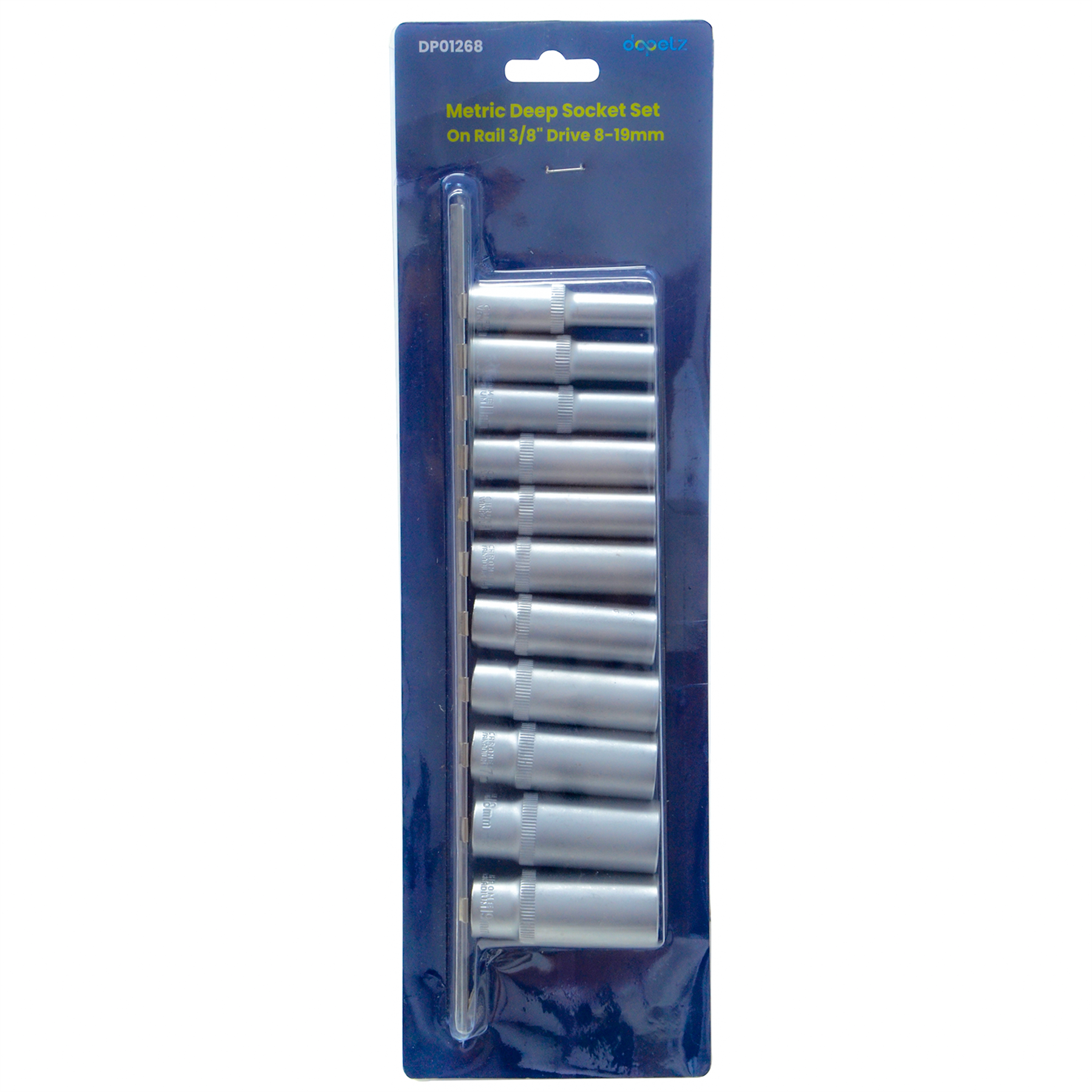 Heavy Duty Deep Socket Set with Long Reach Sockets on Rail - 3/8" Drive - Sizes 8-19mm