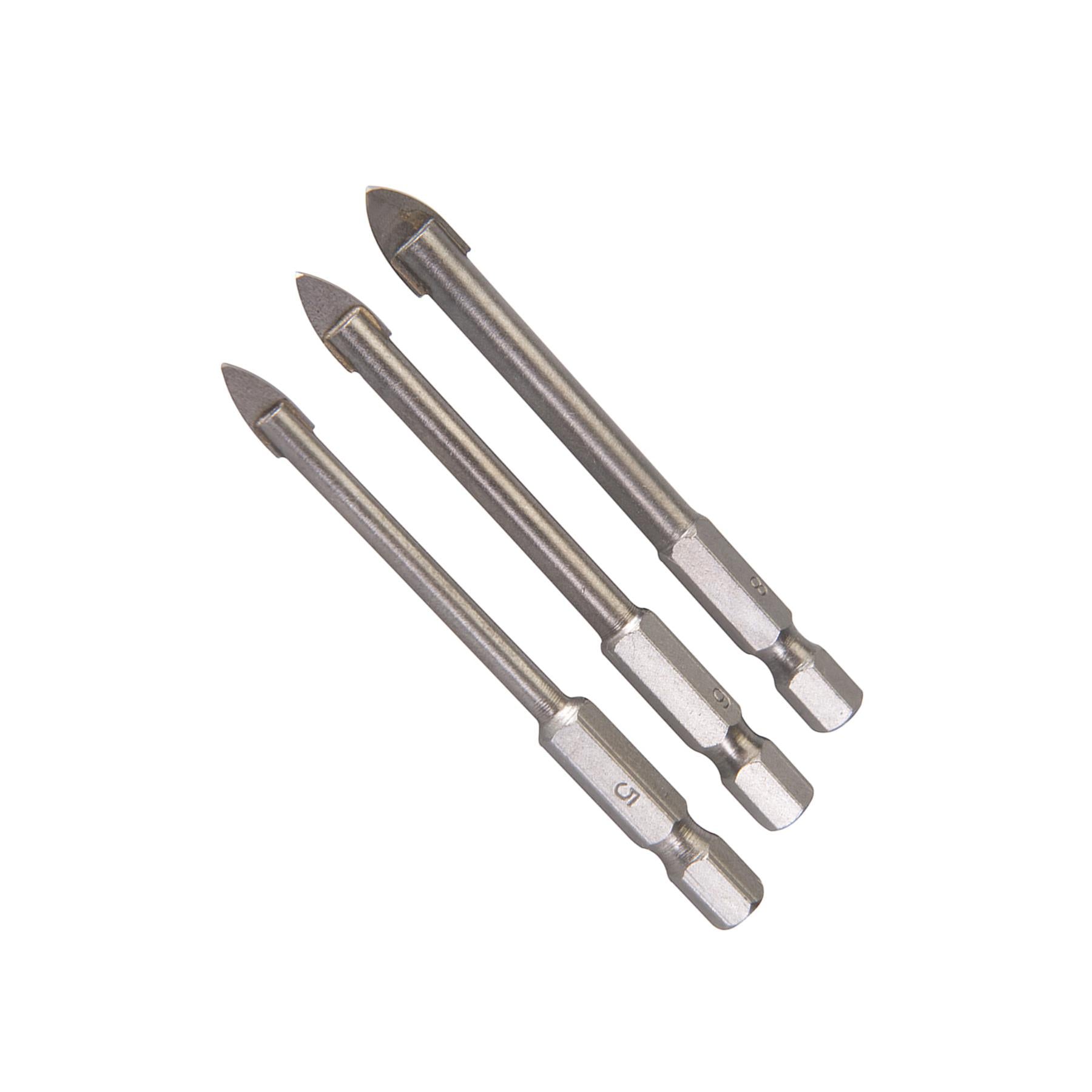 3Pce Hex Drive Tile & Glass Drill Bit Set Tungsten Carbide Tipped Quality