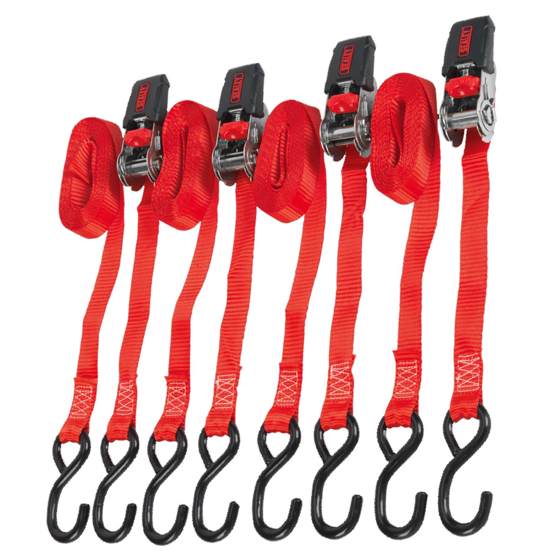 Sealey Ratchet Tie Down 25mm x 4m Polyester Webbing with S-Hooks 800kg Breaking Strength - 2 Pairs